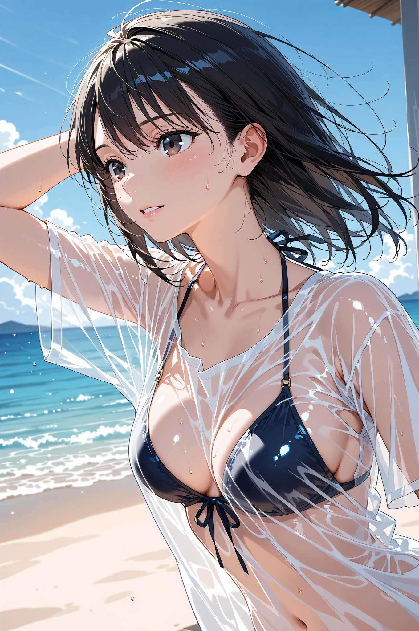 海風に髪がなびく笑顔のポートレート #美少女 #アニメ調 #青空