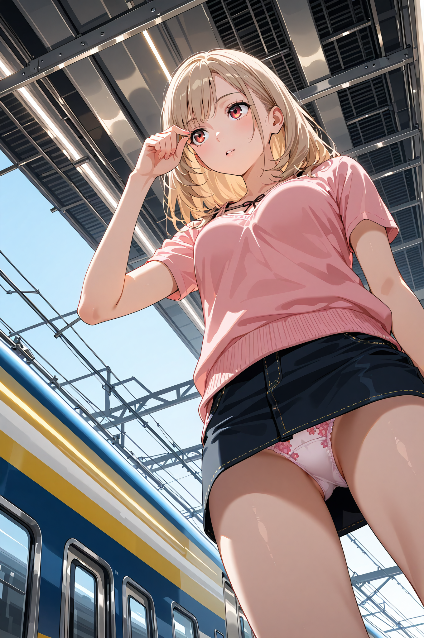 駅のホームで微笑む少女、ピンクトップス姿のポートレート #美少女 #アニメ調 #ファッション