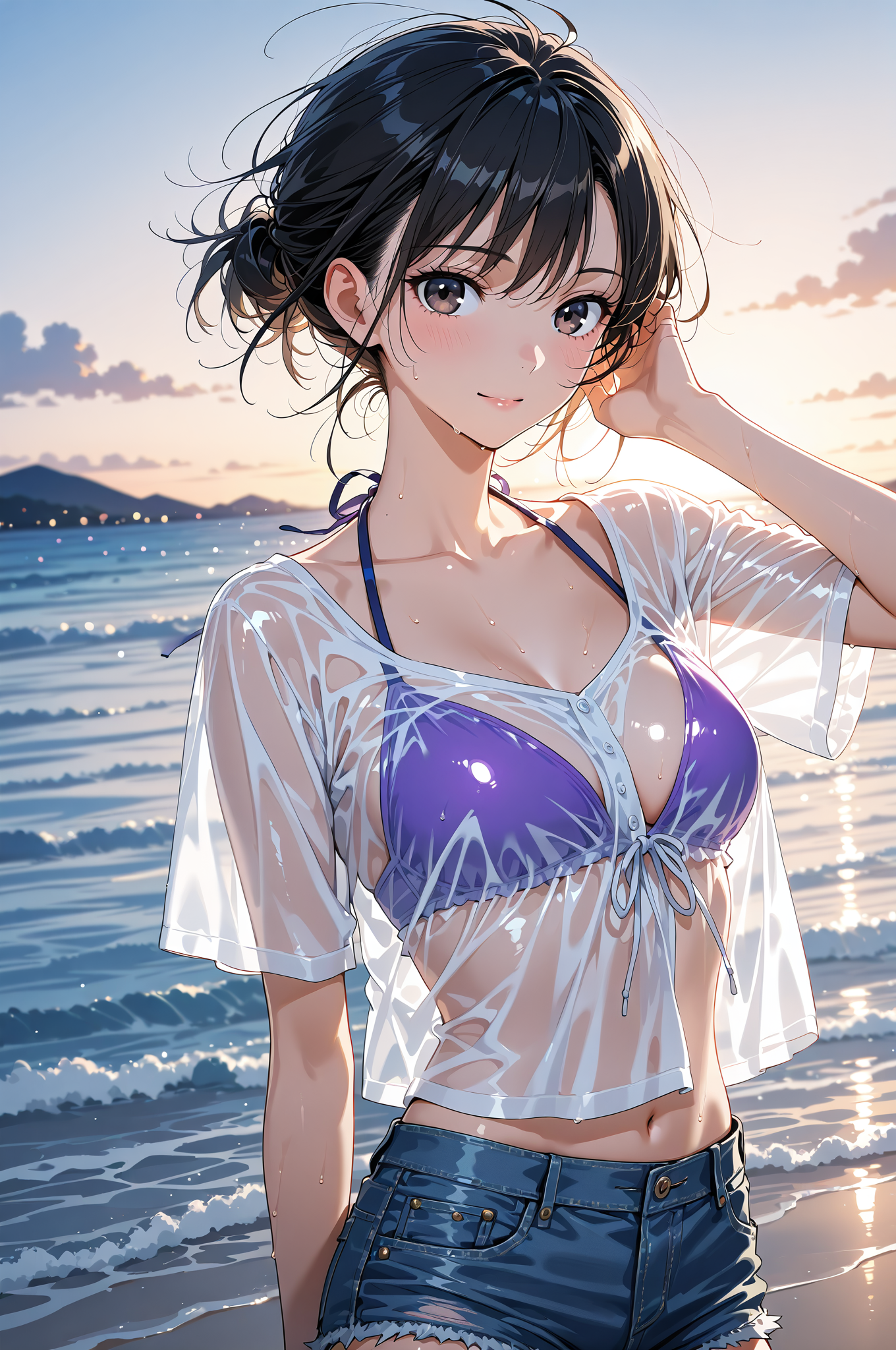 海辺の夕焼けに映える黒髪美少女ポートレート #美少女 #アニメ調 #屋外