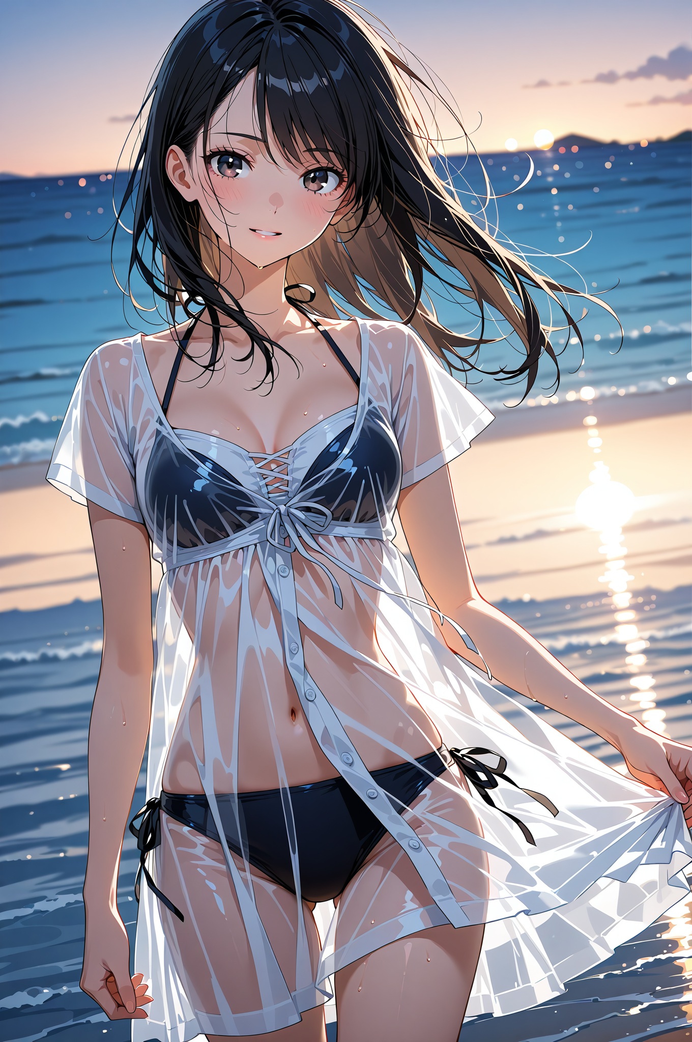 夕焼けビーチのポートレート、清爽な美少女 #美少女 #アニメ調 #屋外