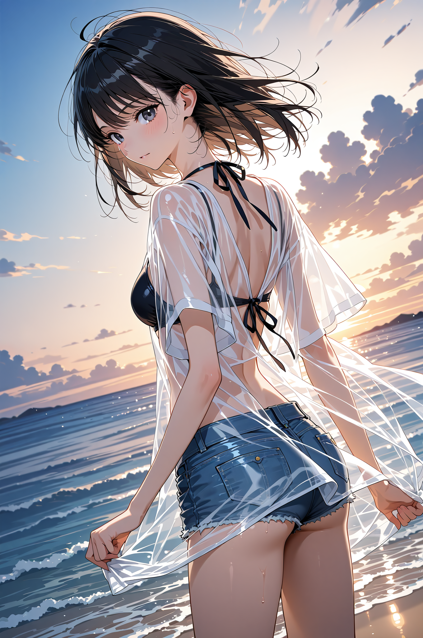 海辺の夕焼けに揺らぐ黒髪の少女 #美少女 #アニメ調 #屋外