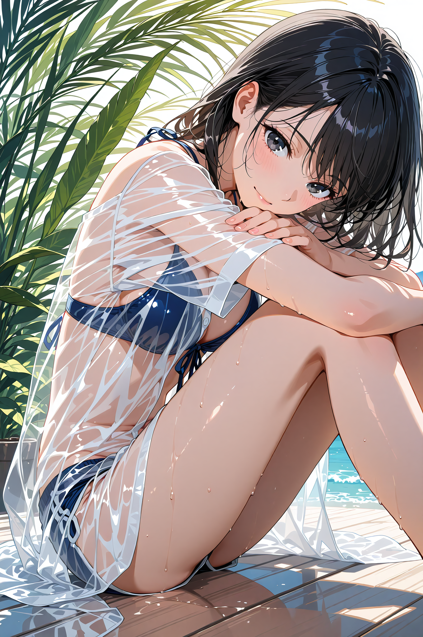 トロピカル背景で微笑む黒髪の少女 #美少女 #顔 #アニメ調