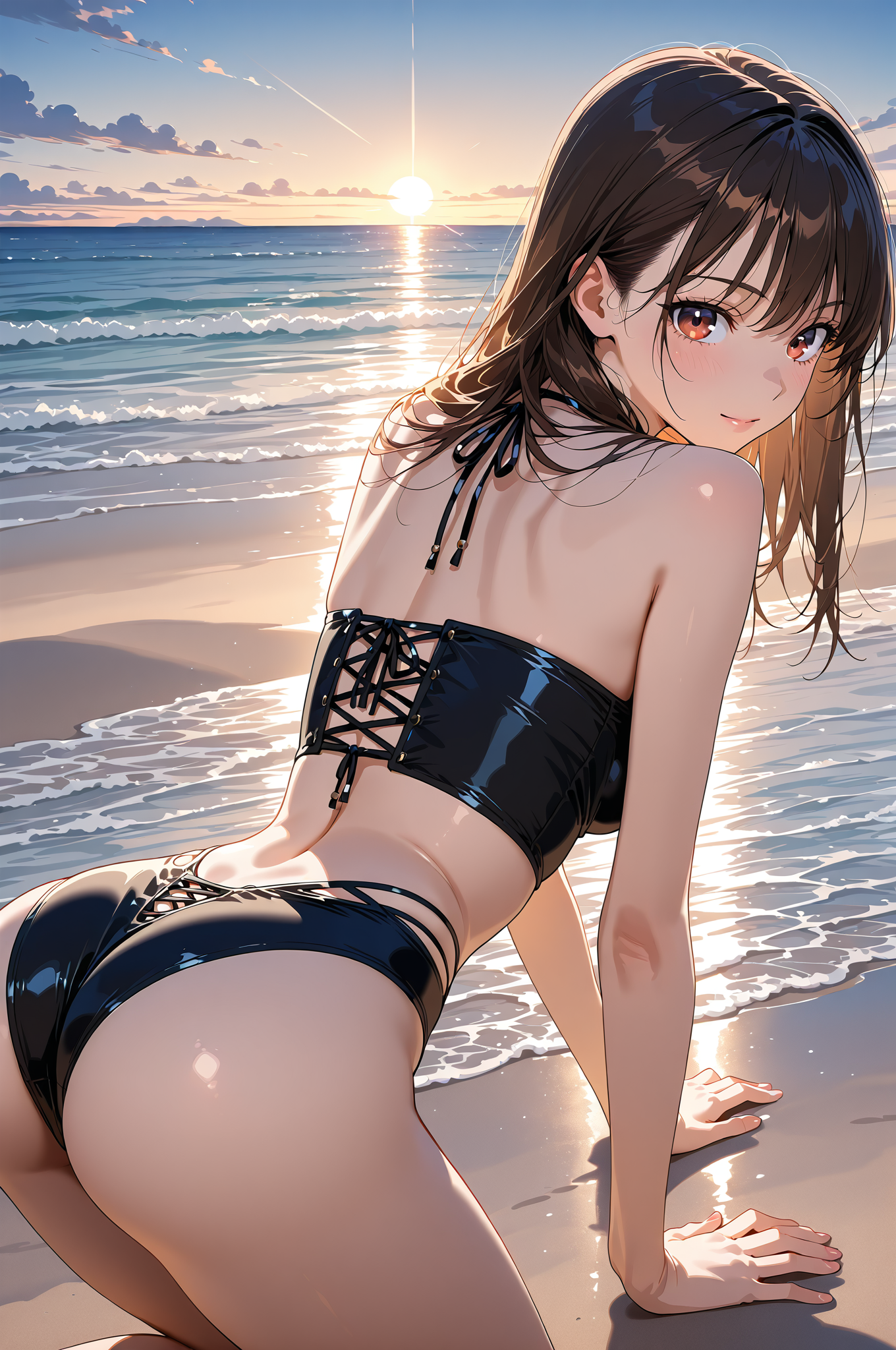 サンセットビーチの黒水着ポートレート #美少女 #屋外 #空