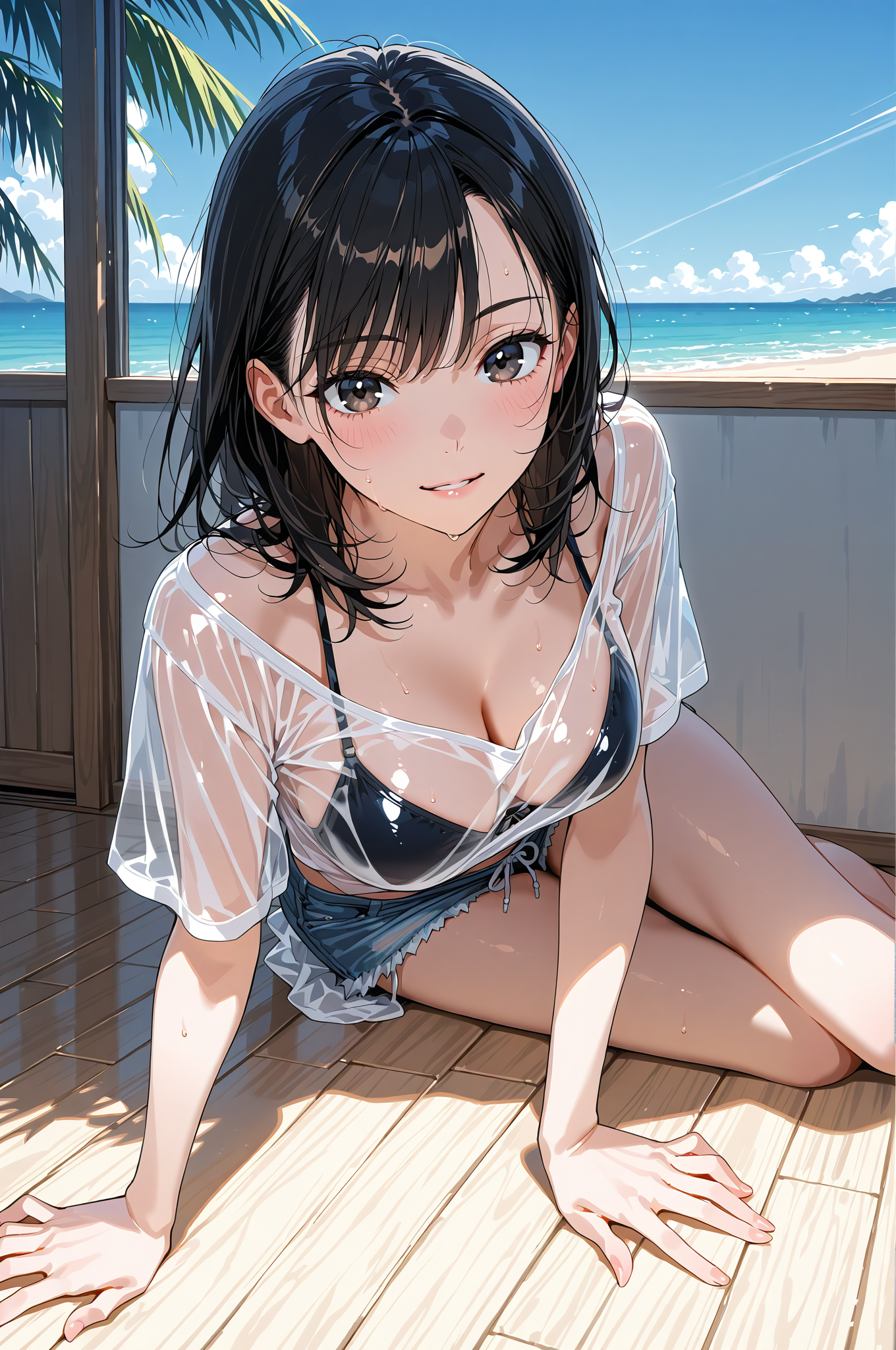 海辺のテラスで微笑む黒髪の少女 #アニメ調 #美少女 #かわいい