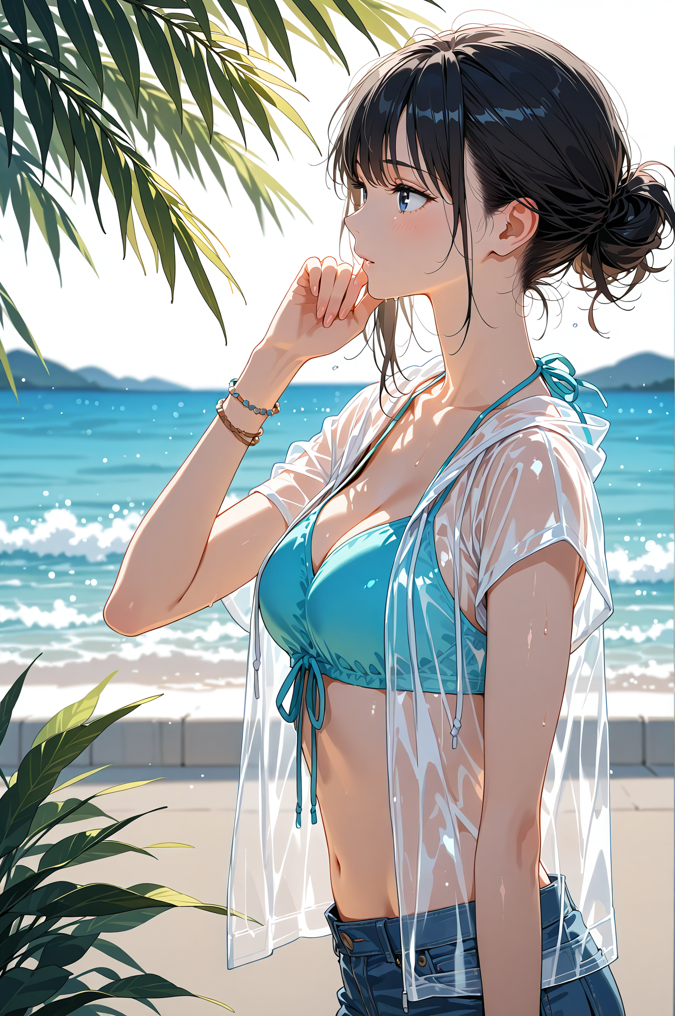 海辺で微笑む黒髪の少女、透明感あふれるアニメ調ポートレート #美少女 #アニメ #かわいい