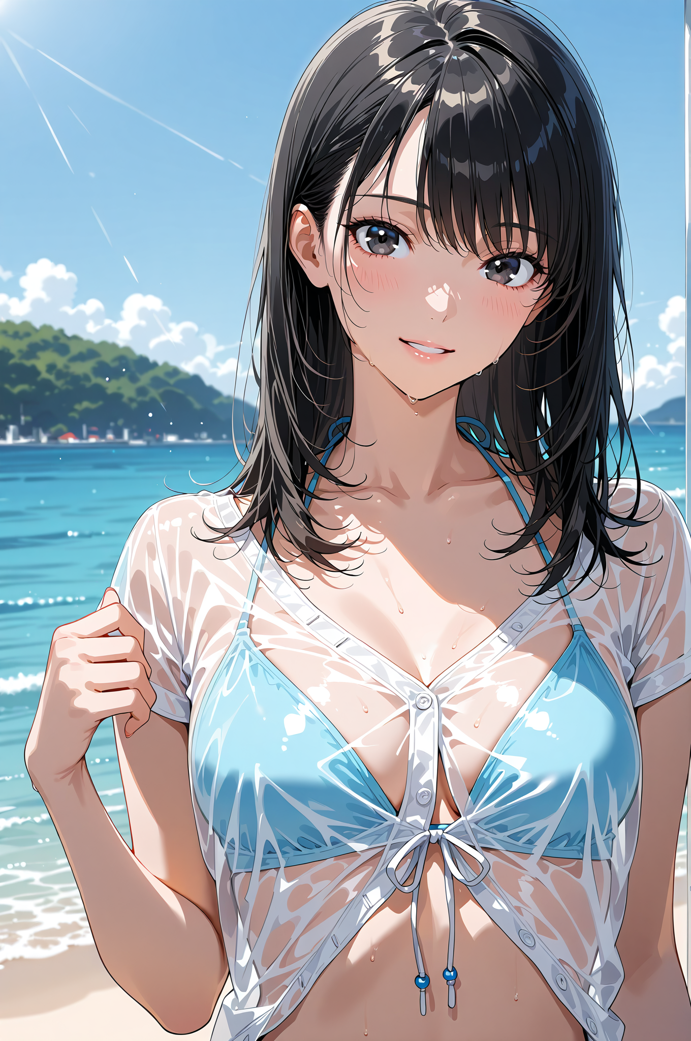 海辺の晴れた日、黒髪の少女の笑顔 #美少女 #アニメ #空