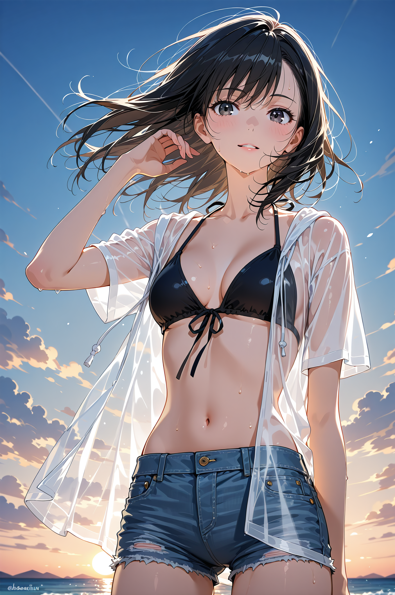 青い空と夕焼けに包まれた長髪の少女 #美少女 #アニメ調 #屋外