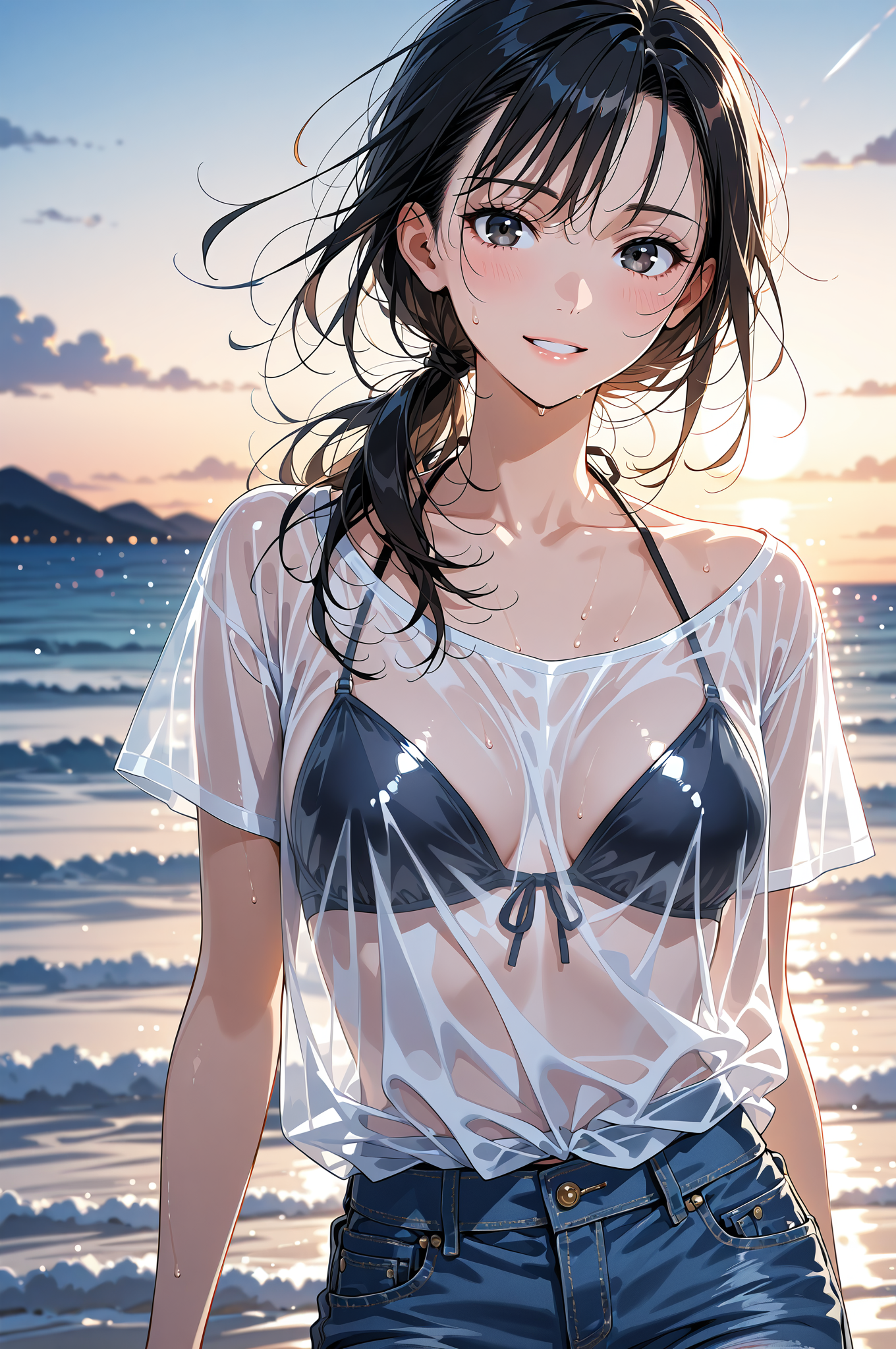 夕焼けビーチのポートレート #アニメ #美少女 #空