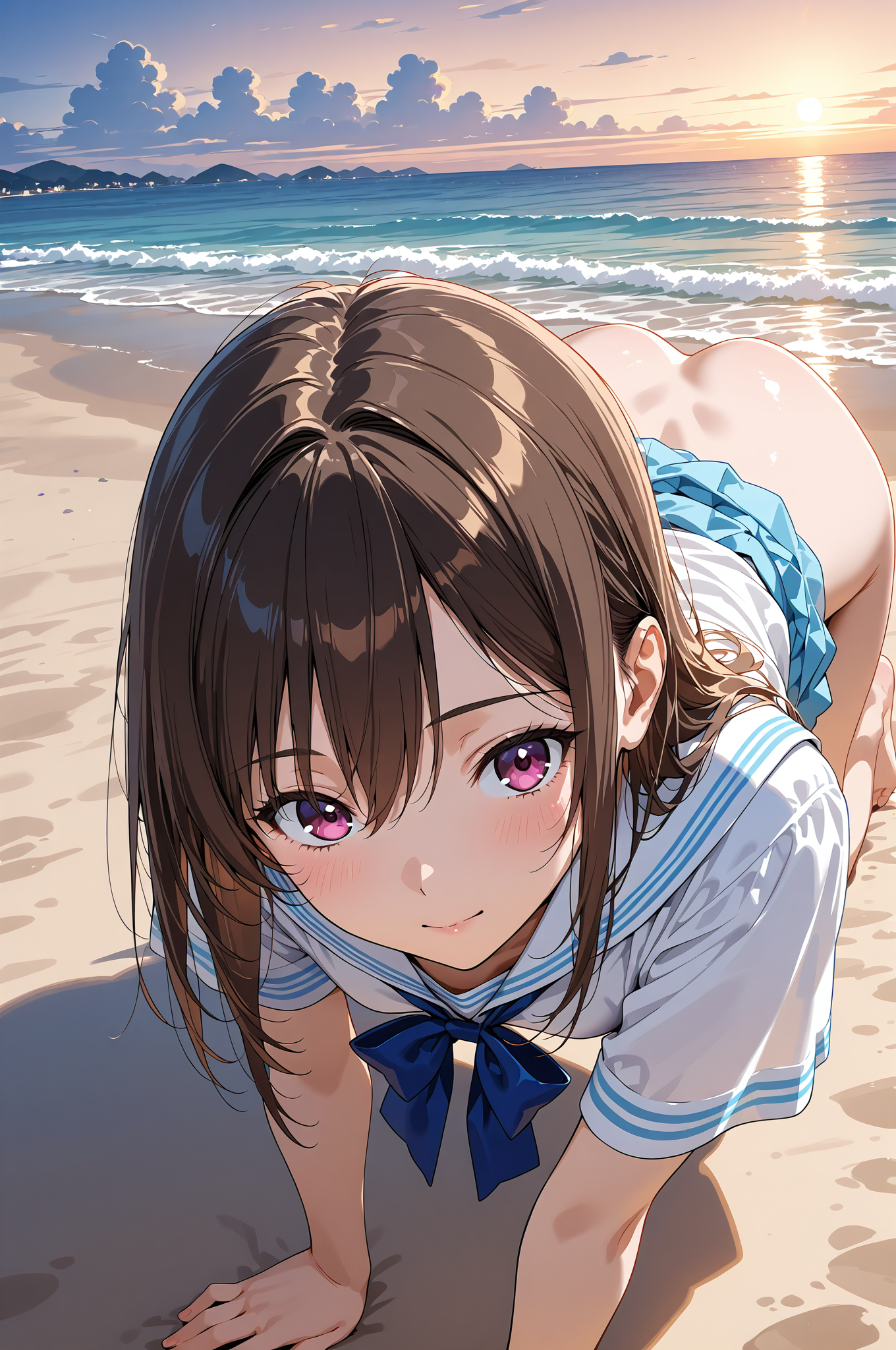 夏の海辺でほほえむセーラー姿の少女 #美少女 #アニメ調 #かわいい