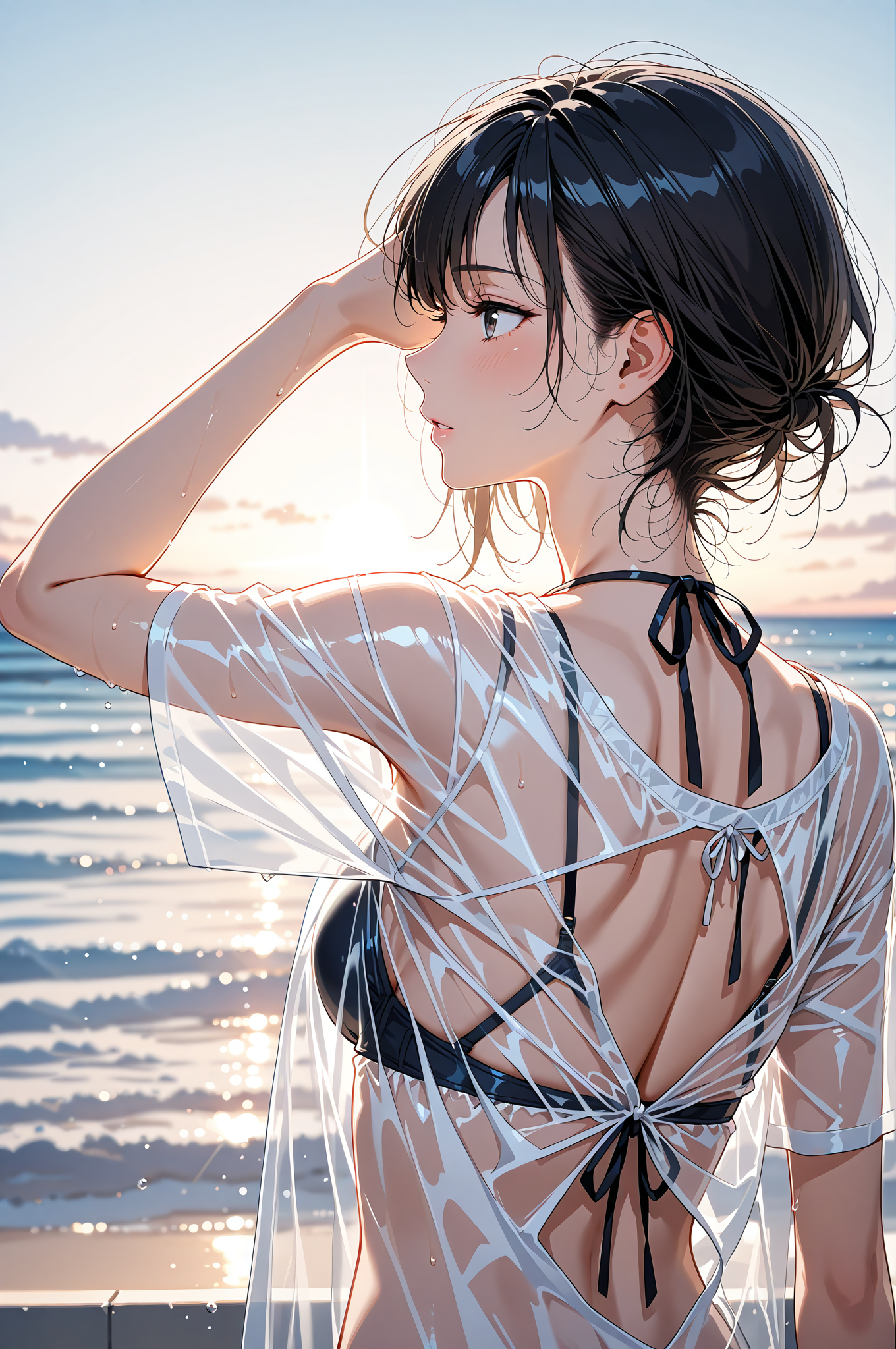 海辺の横顔ポートレート、透ける白シャツ #美少女 #アニメ調 #笑顔