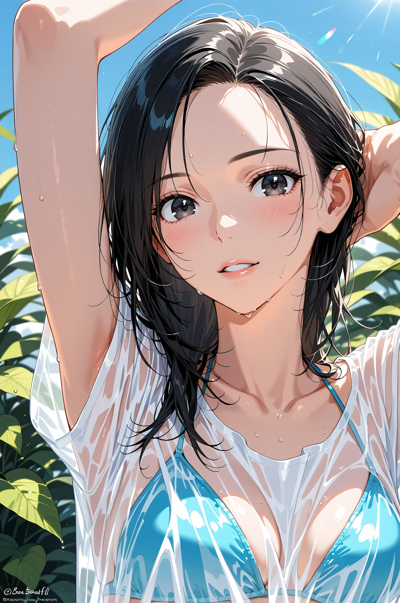 青いビキニと白シャツの夏の笑顔ポートレート #アニメ調 #美少女 #イラスト