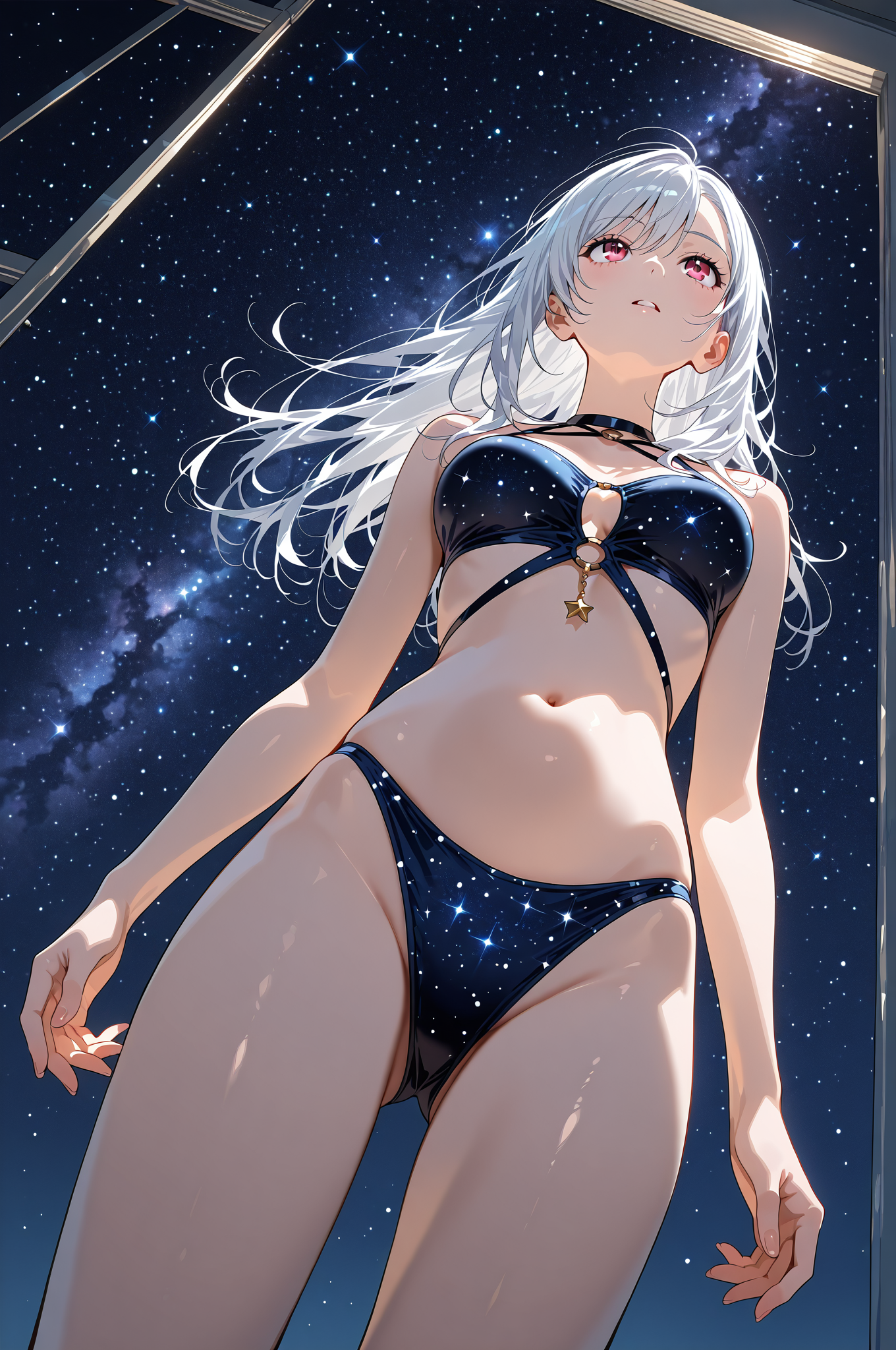 星空を背に仰ぎ見る白髪の少女 #水着 #美少女 #かわいい