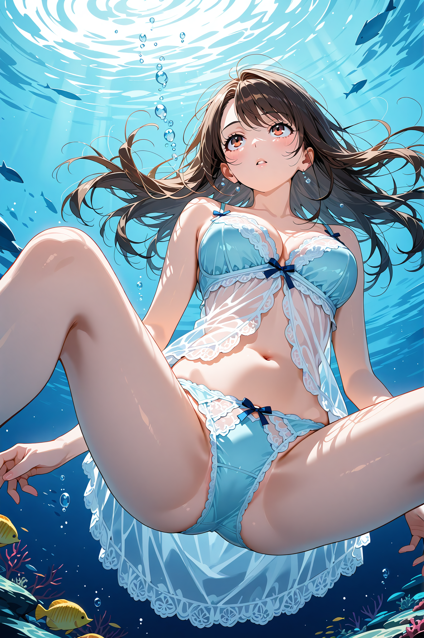 水中で優雅に漂う、涼やかな表情の美少女イラスト #水着 #プール #夏