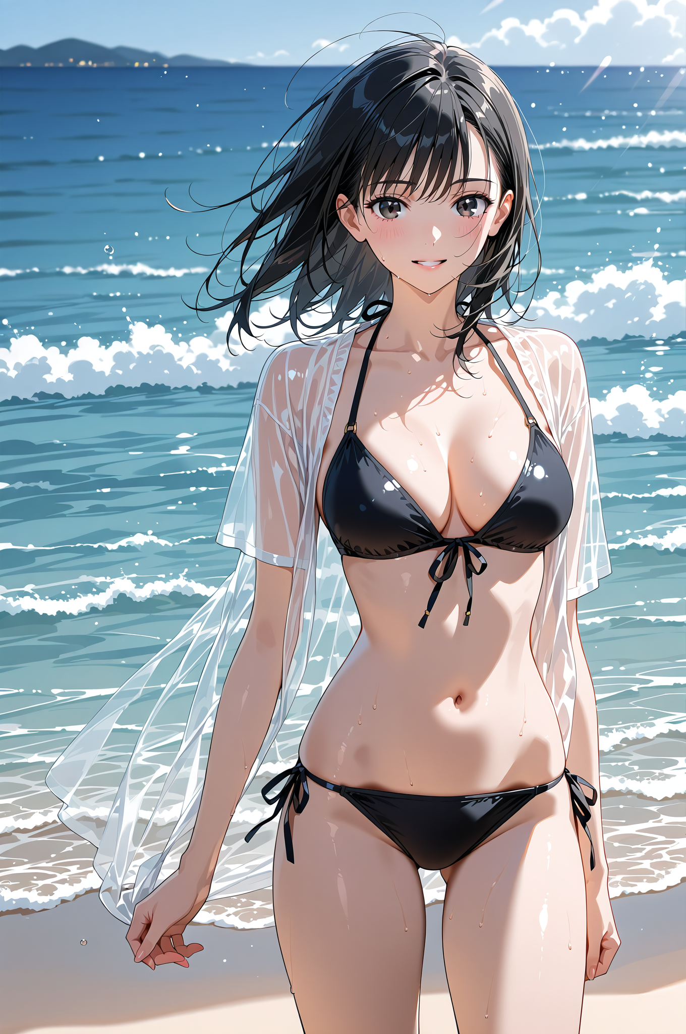 海辺の透け感コーデ、黒ビキニ姿 #水着 #美少女 #屋外