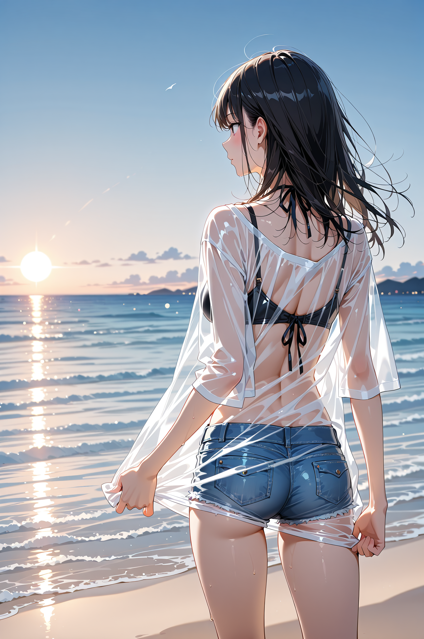 夕焼けビーチの透け感コーディネート #美少女 #屋外 #空