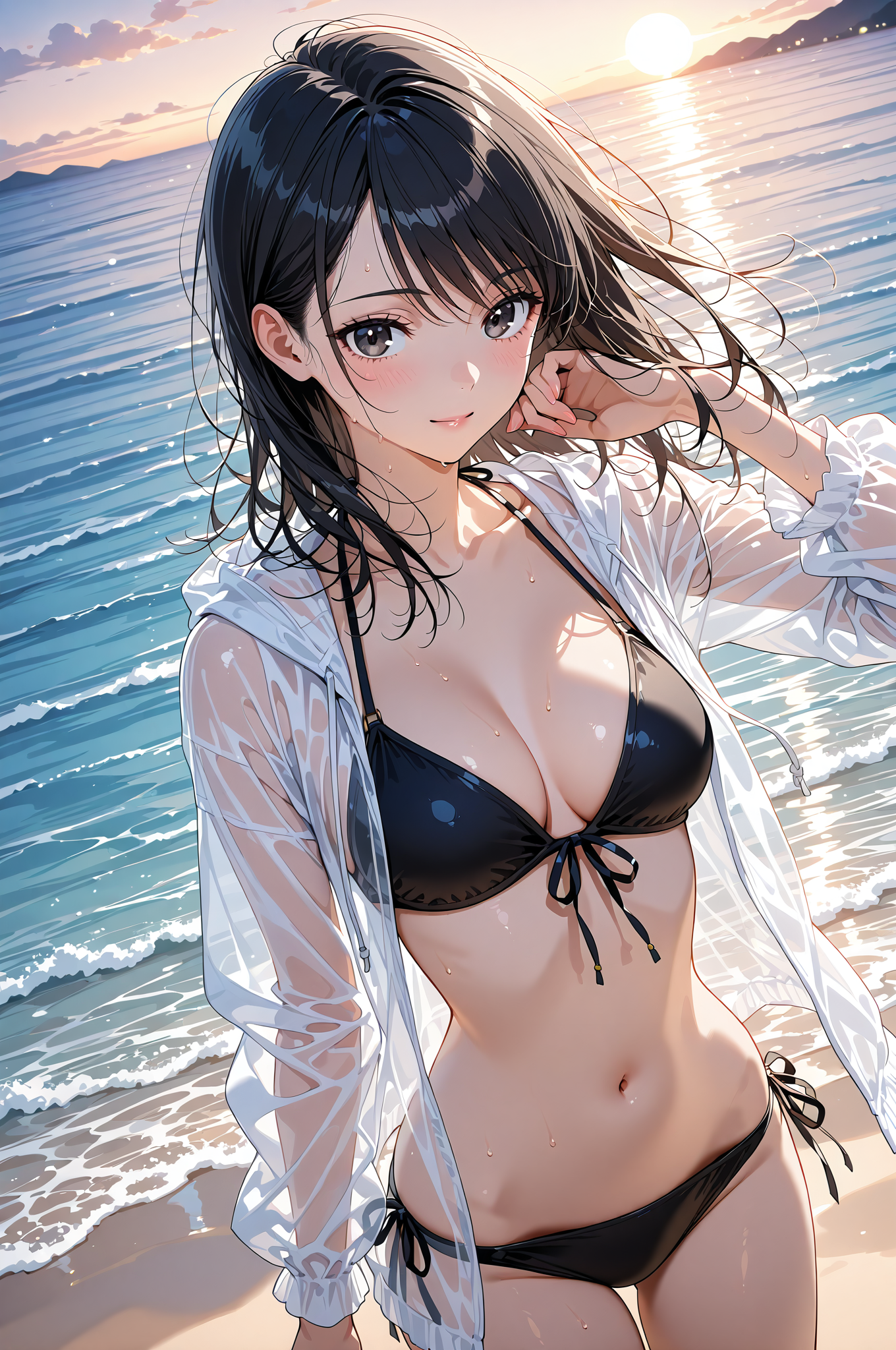 夕焼けビーチの黒髪美少女ポートレート #美少女 #アニメ #屋外