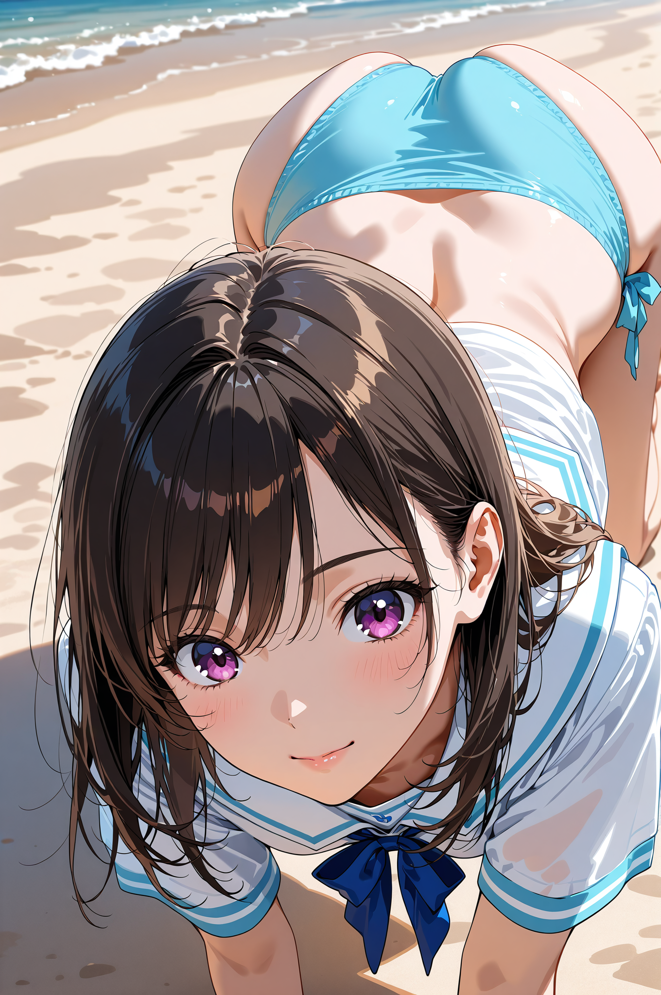 紫色の瞳が輝く浜辺のポートレート #アニメ調 #美少女 #かわいい