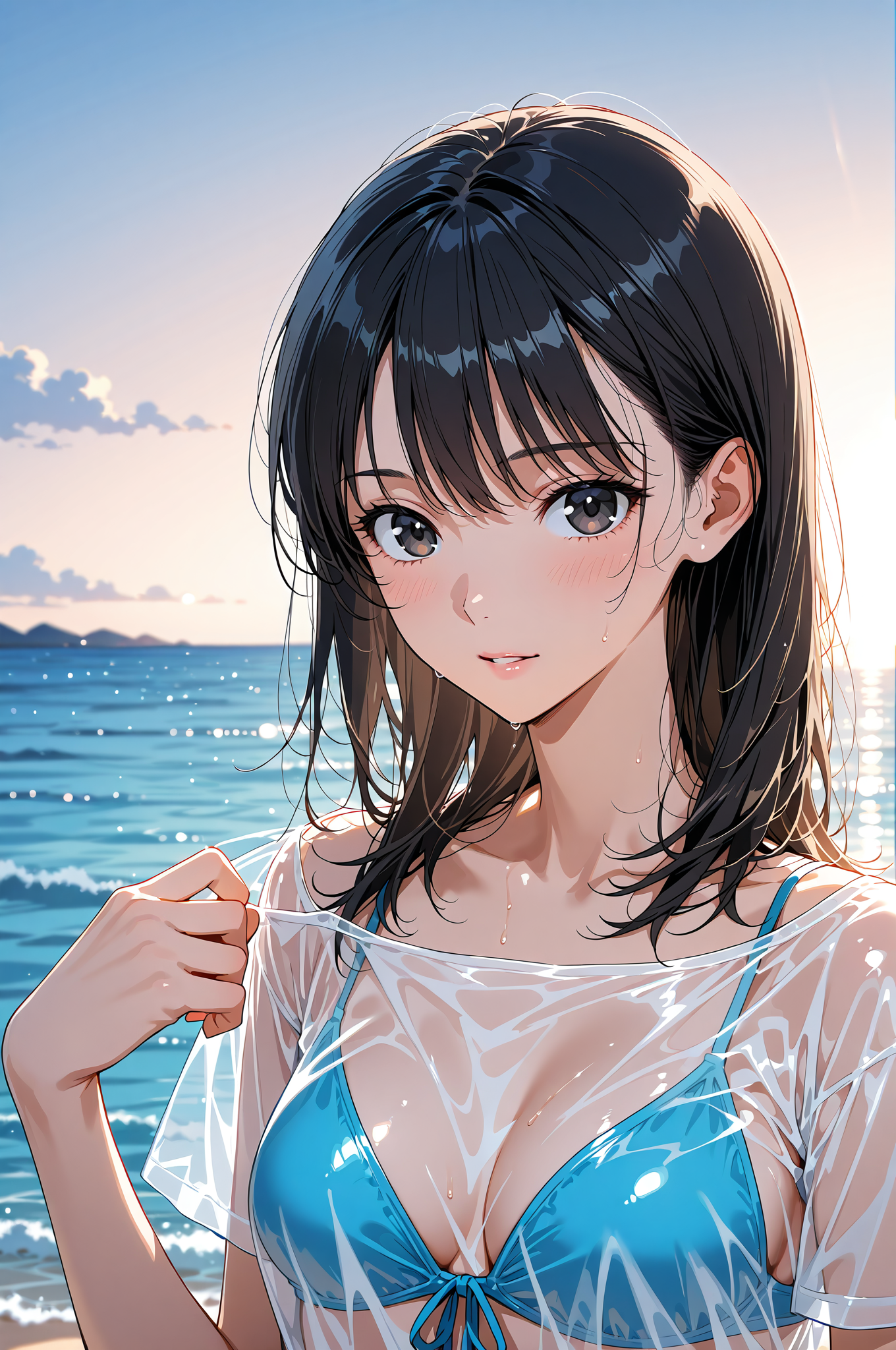 海辺で微笑む黒髪の少女ポートレート #美少女 #アニメ調 #空