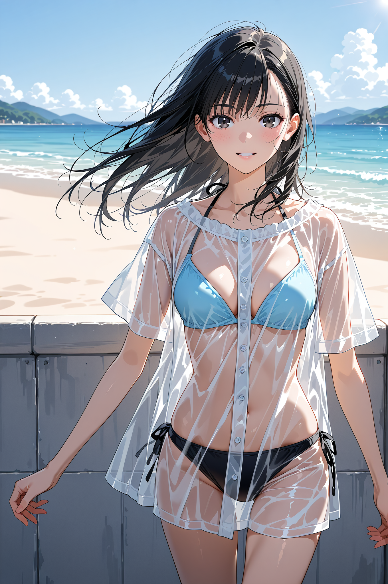 海辺で微笑む黒髪の少女 #美少女 #アニメ #屋外