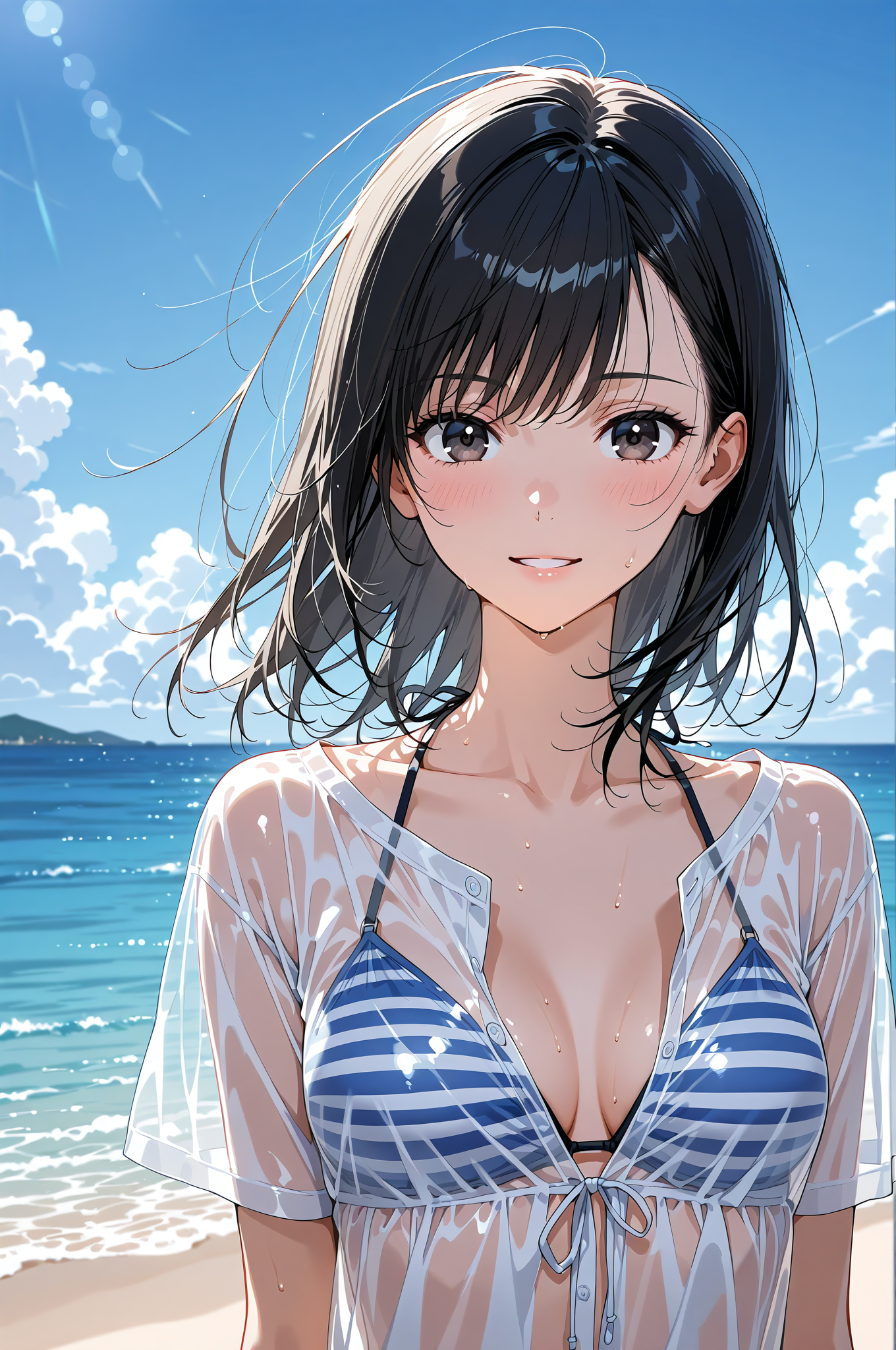 青い海と青空、爽やかな笑顔のビーチポートレート #美少女 #アニメ調 #屋外