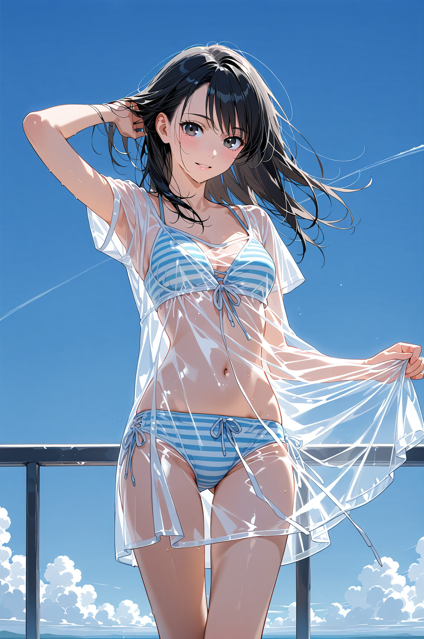 青空に映えるストライプ水着のポートレート #美少女 #アニメ #屋外