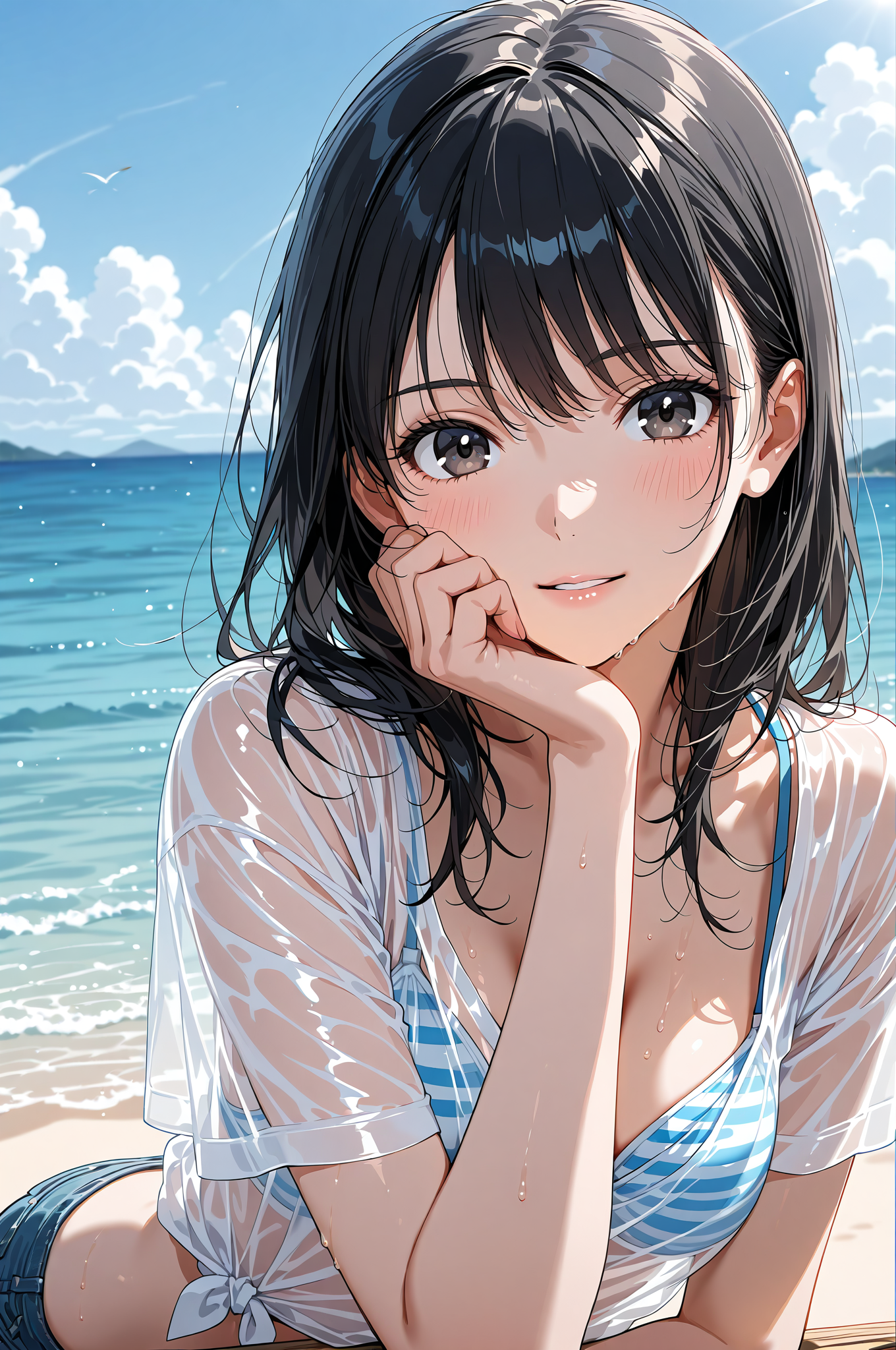 海辺の微笑み、黒髪ショートのポートレート #美少女 #アニメ調 #屋外