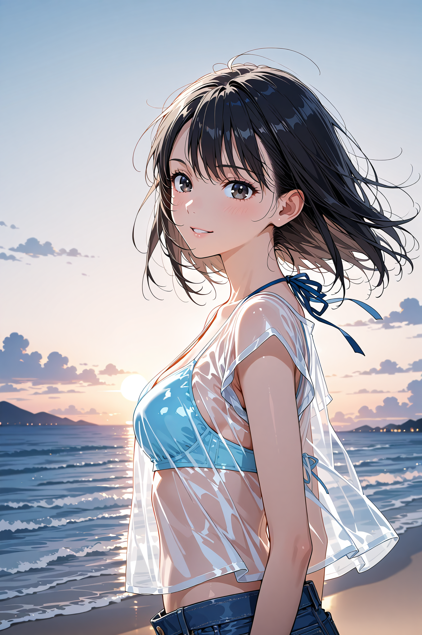 夕焼け海辺のポートレート #美少女 #アニメ調 #屋外