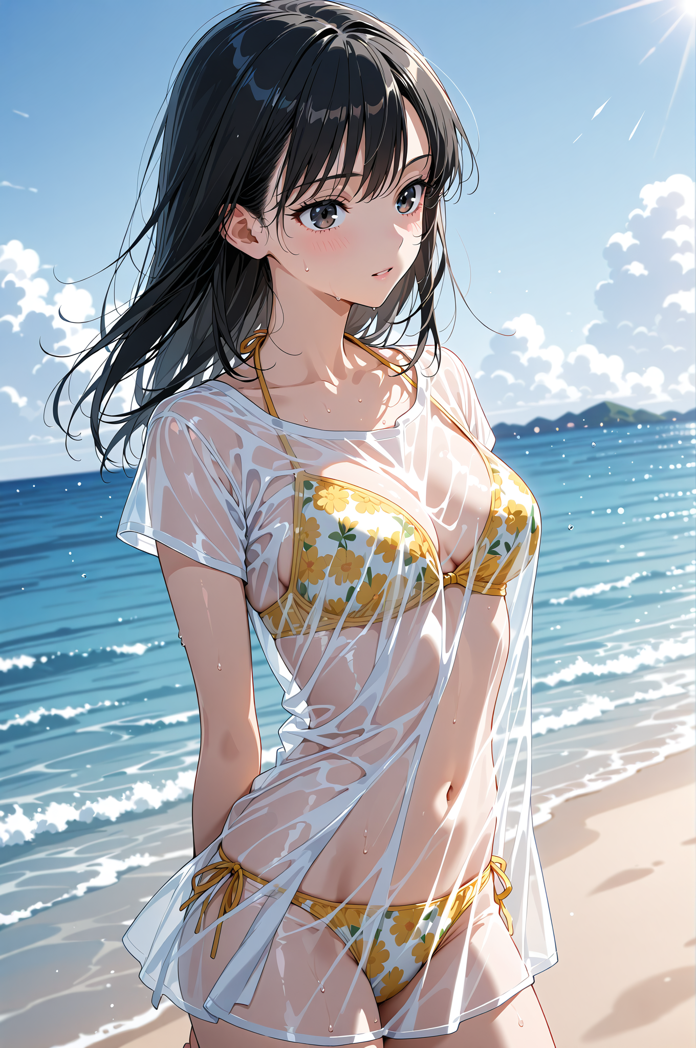 海辺のポートレート、黒髪の少女と青空 #美少女 #アニメ調 #屋外
