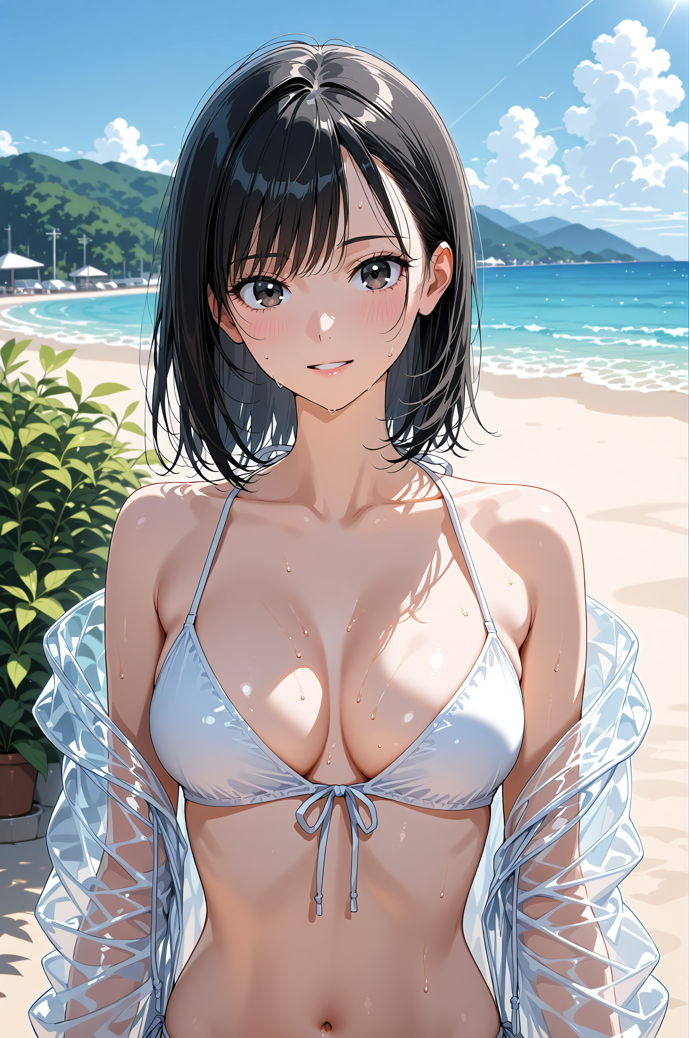 紺髪ショートヘアの夏の浜辺ポートレート #水着 #ビキニ #屋外