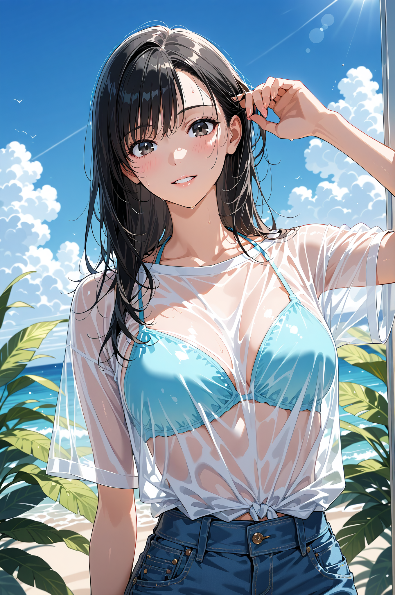 青空と白いシャツ、黒髪の少女ポートレート #美少女 #アニメ調 #屋外