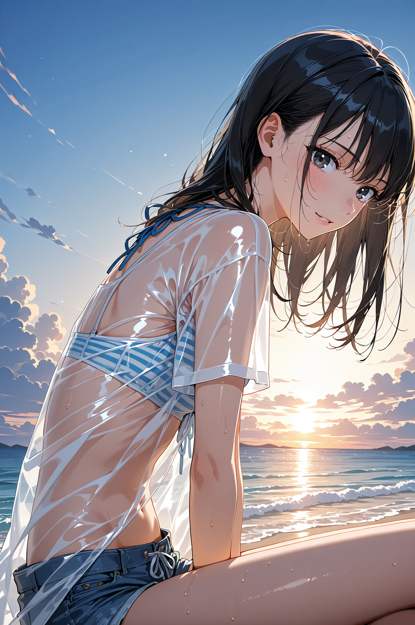 海辺の夕焼けに笑顔を見せる美少女 #美少女 #アニメ調 #屋外