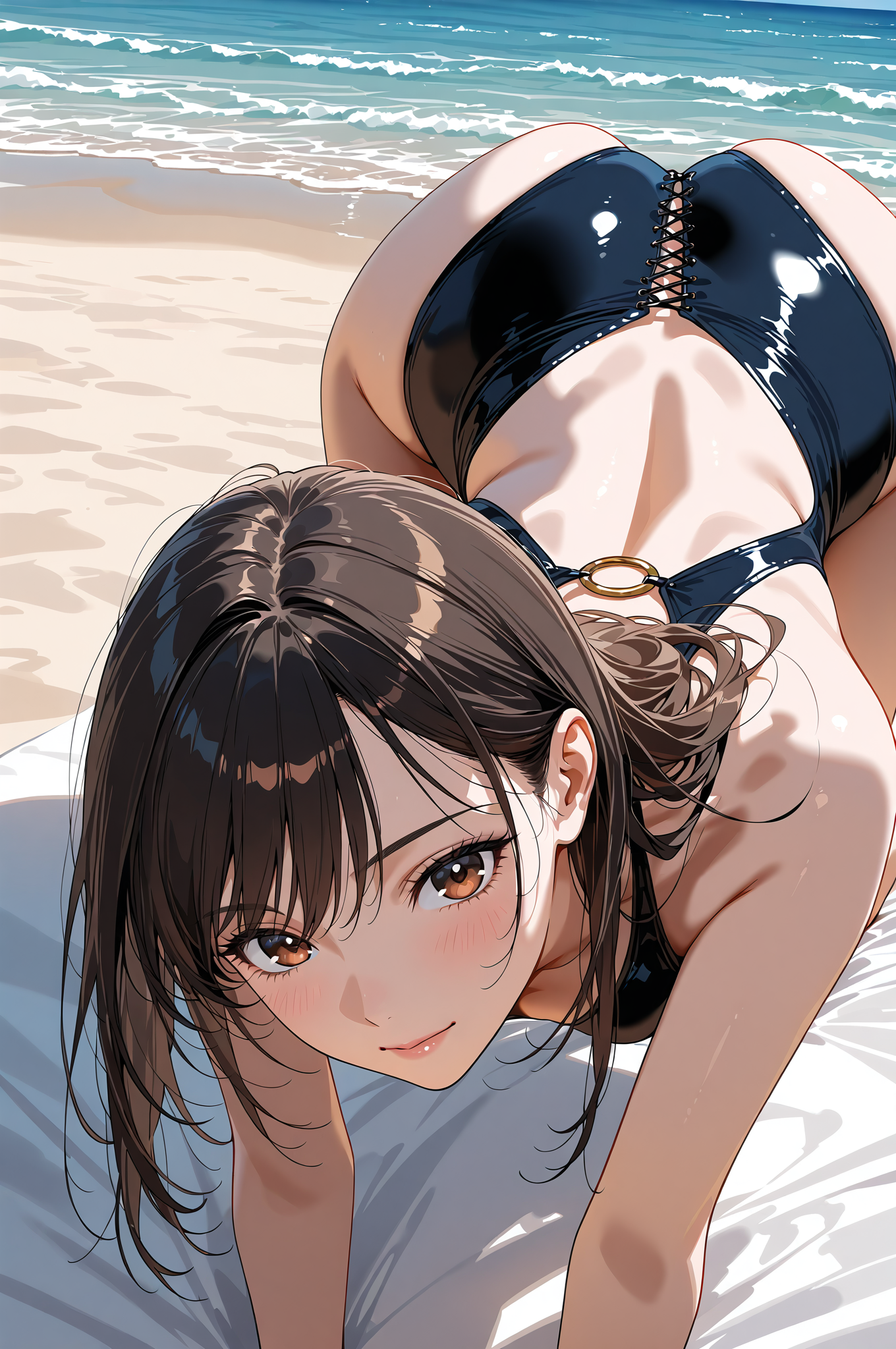 ビーチで笑顔の黒髪少女、夏の光に包まれて #美少女 #ビーチ #夏
