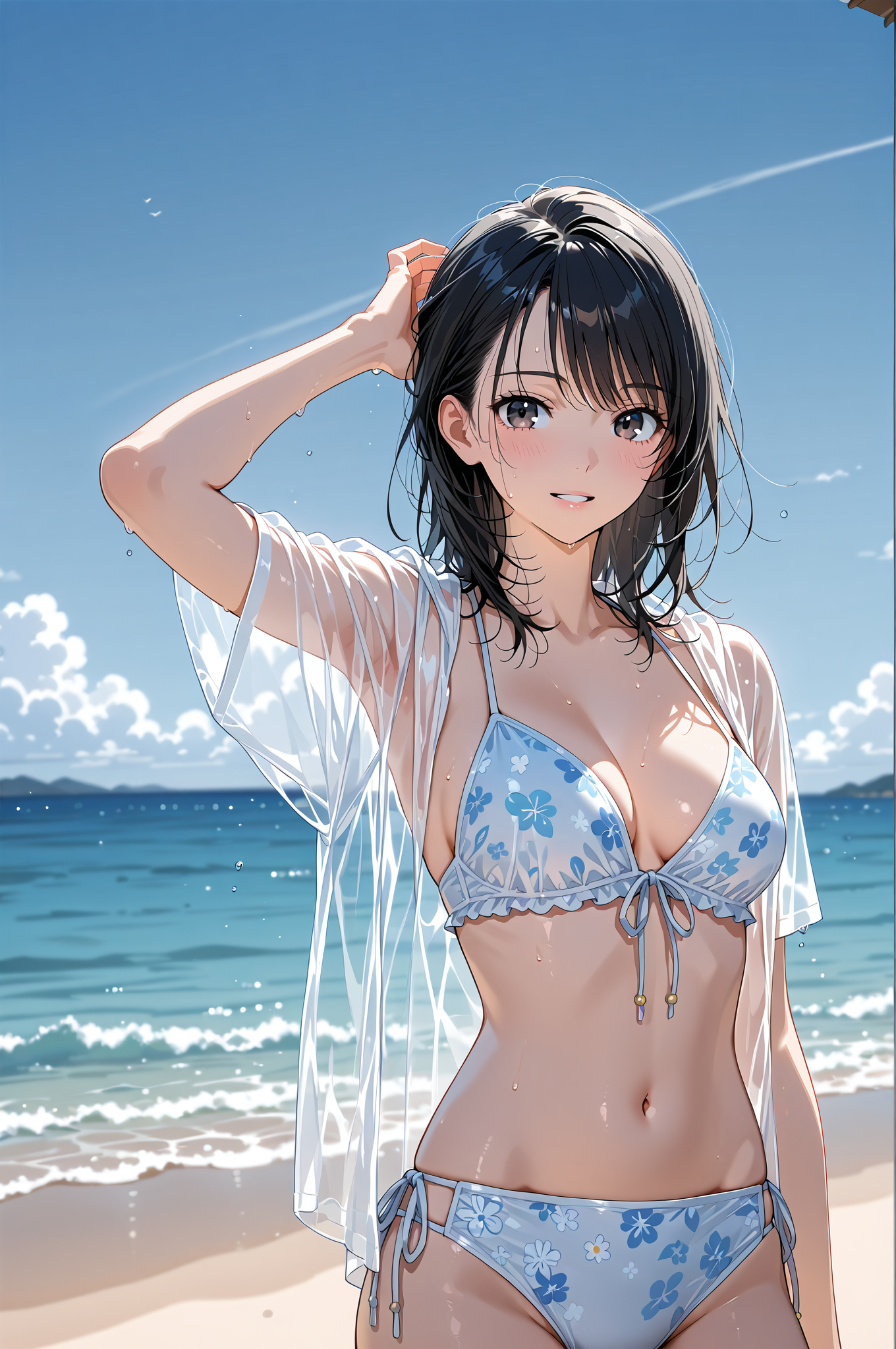 紺花柄ビキニと白シャツの夏ビーチポートレート #美少女 #水着 #屋外