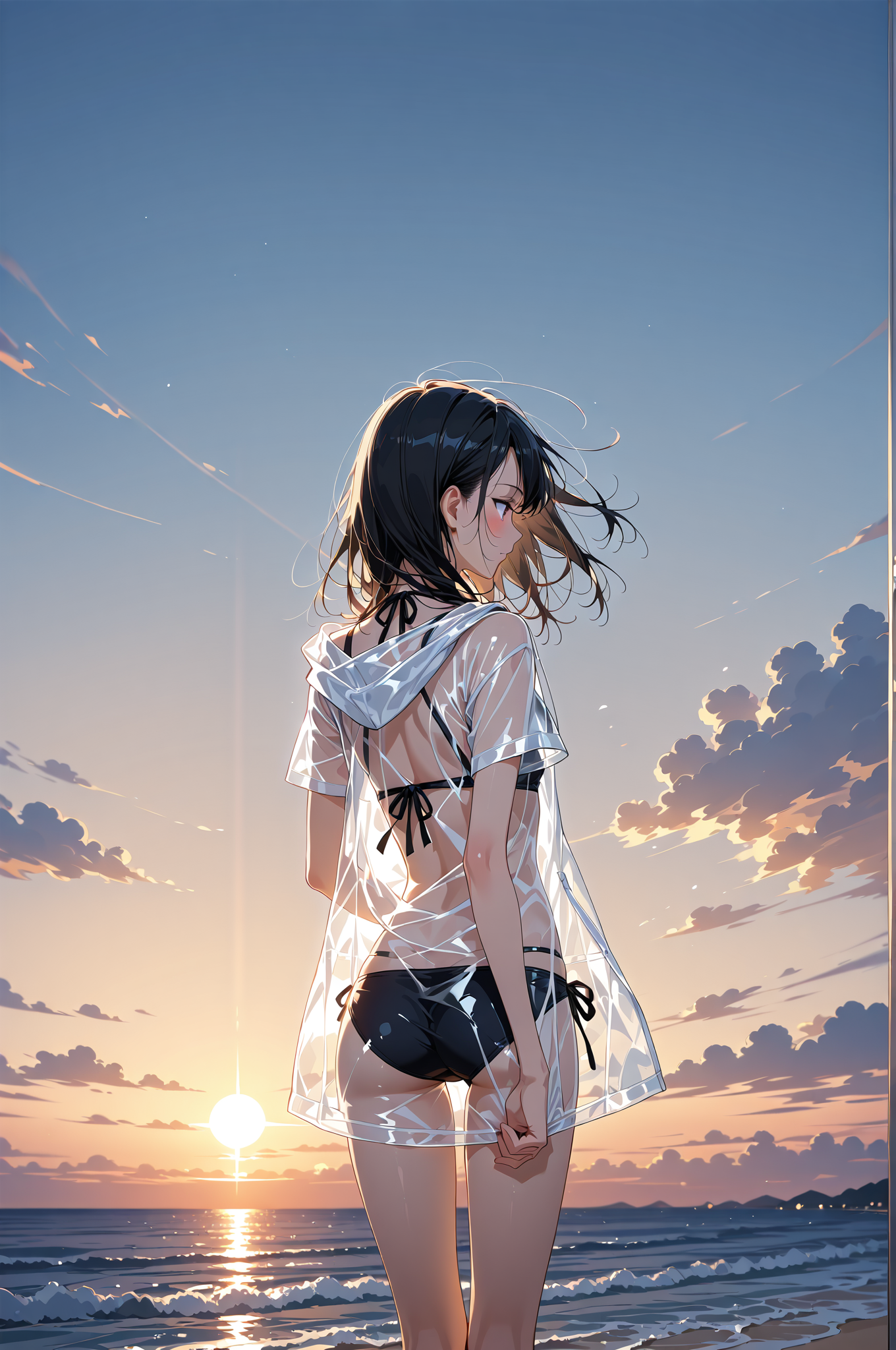 夕焼け海辺の透明コート姿 #美少女 #屋外 #空