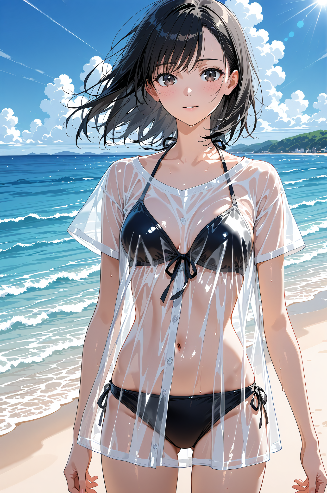 青い海と白いシャツ、爽やかな笑顔のビーチポートレート #美少女 #アニメ調 #屋外