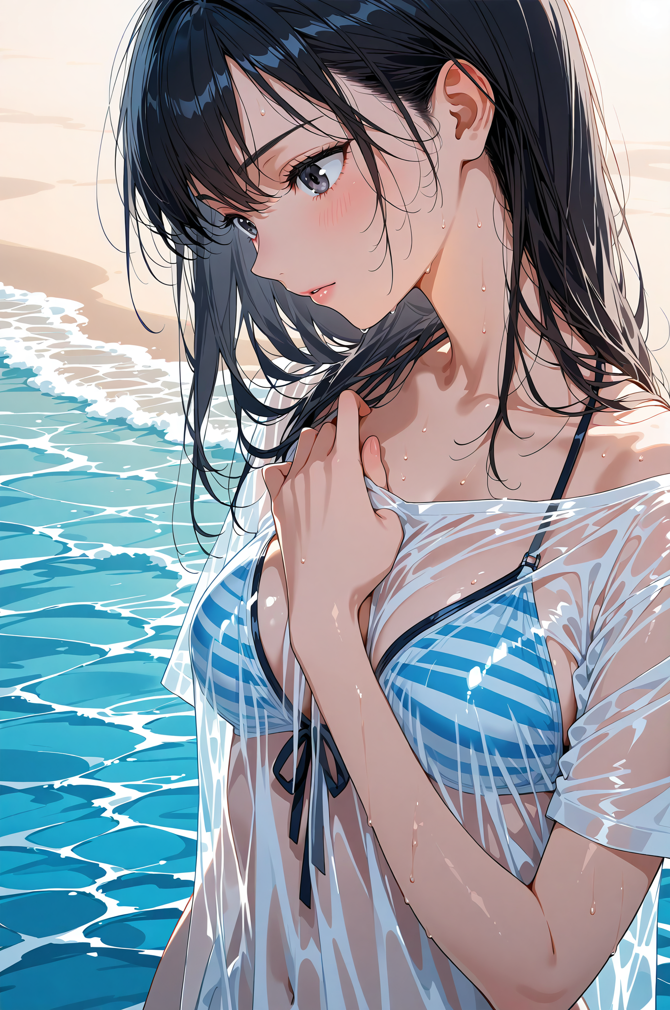 海辺の清潔感あふれる横顔ポートレート #美少女 #アニメ調 #笑顔