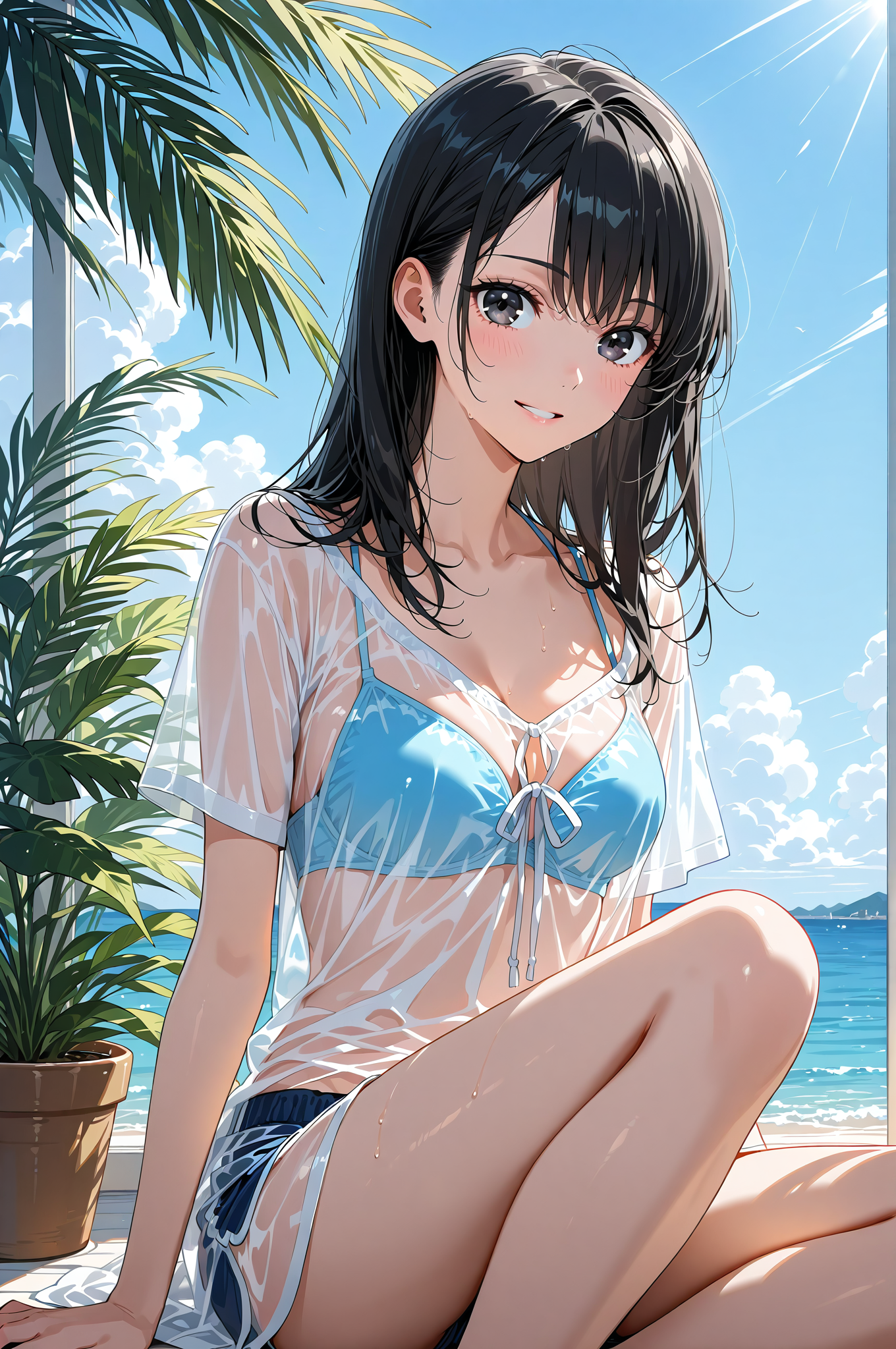 爽やかなビーチの午後、黒髪ロングヘアのポートレート #美少女 #アニメ調 #長髪