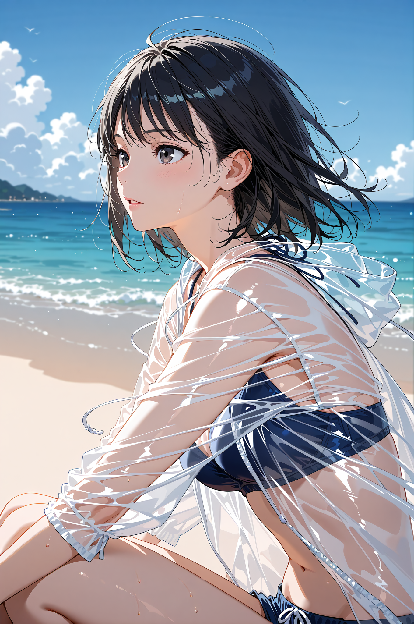海辺で揺れる白いシャツの美少女 #美少女 #アニメ #屋外
