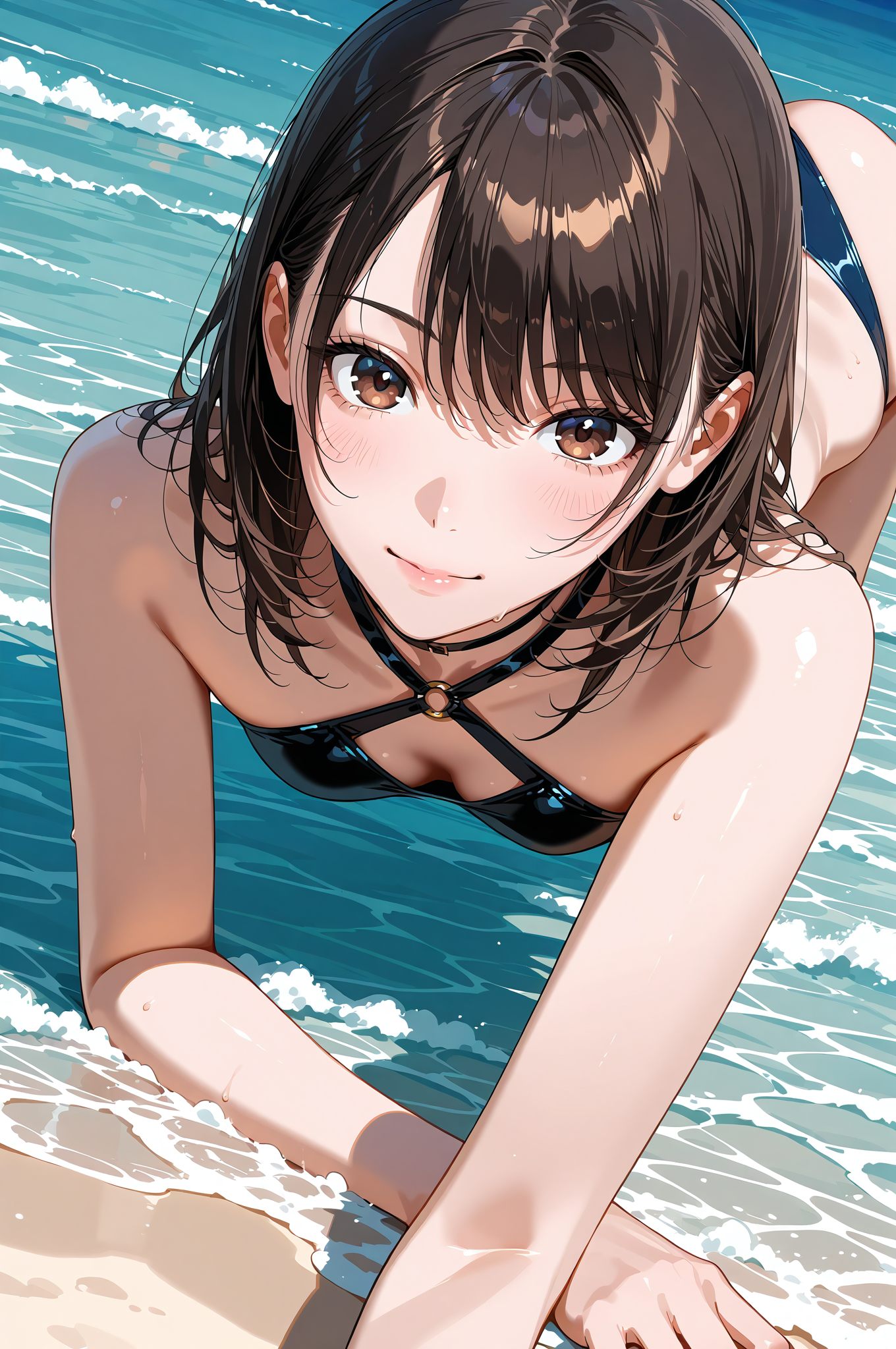 海辺で笑顔を見せる黒髪の少女 #美少女 #アニメ #笑顔