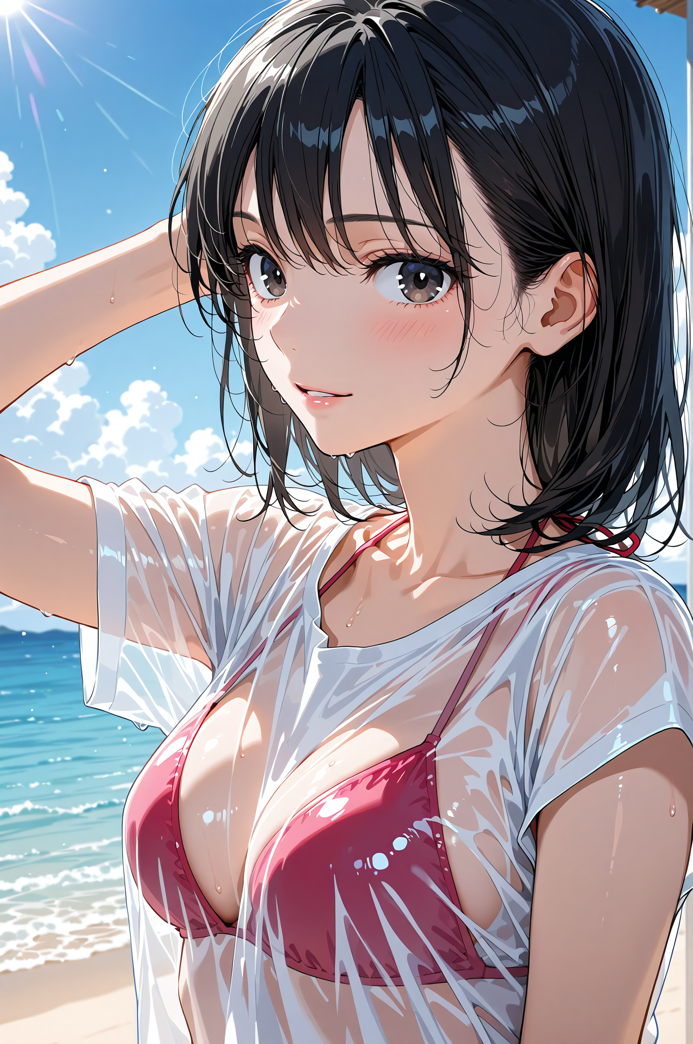 青い海と白いシャツの清楚ポートレート #美少女 #アニメ調 #笑顔