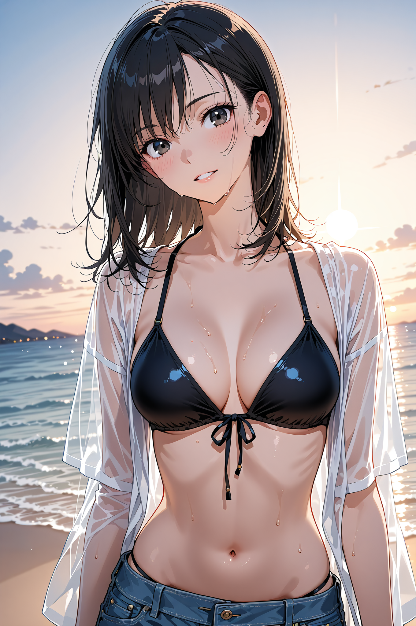 夕焼けビーチのアニメ調ポートレート #アニメ #美少女 #爽やか