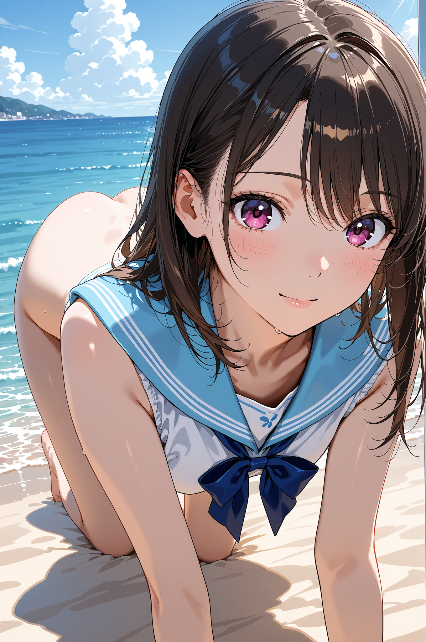 海辺の笑顔、紫紅色の瞳が輝く夏の日 #美少女 #アニメ調 #かわいい
