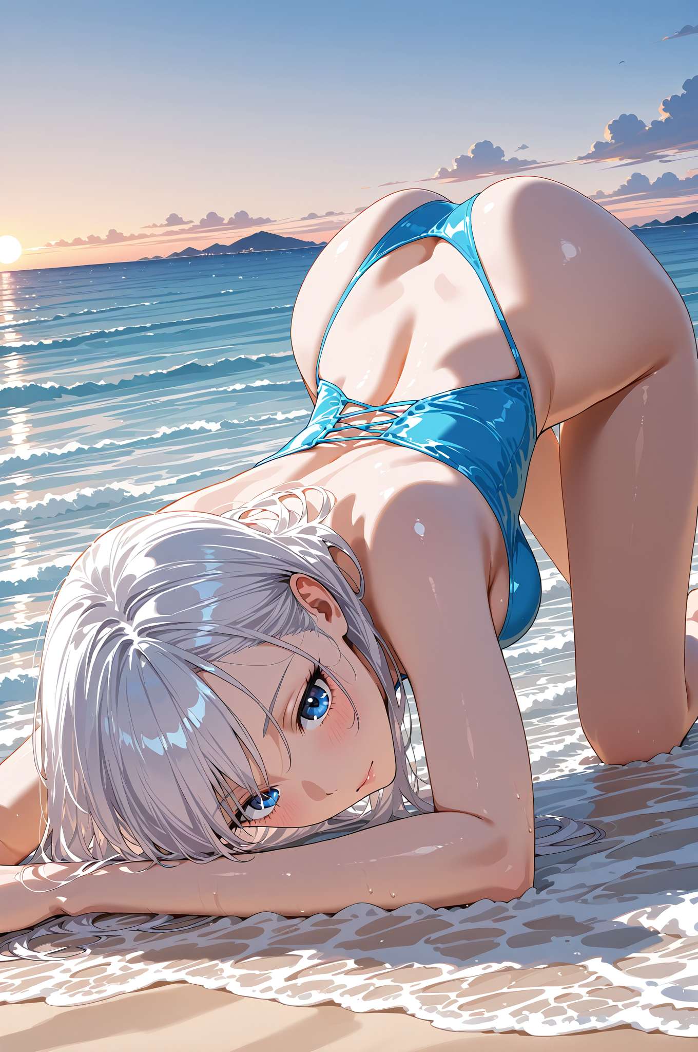 夏の海でリラックス、青い水着姿のポートレート #水着 #屋外 #夏