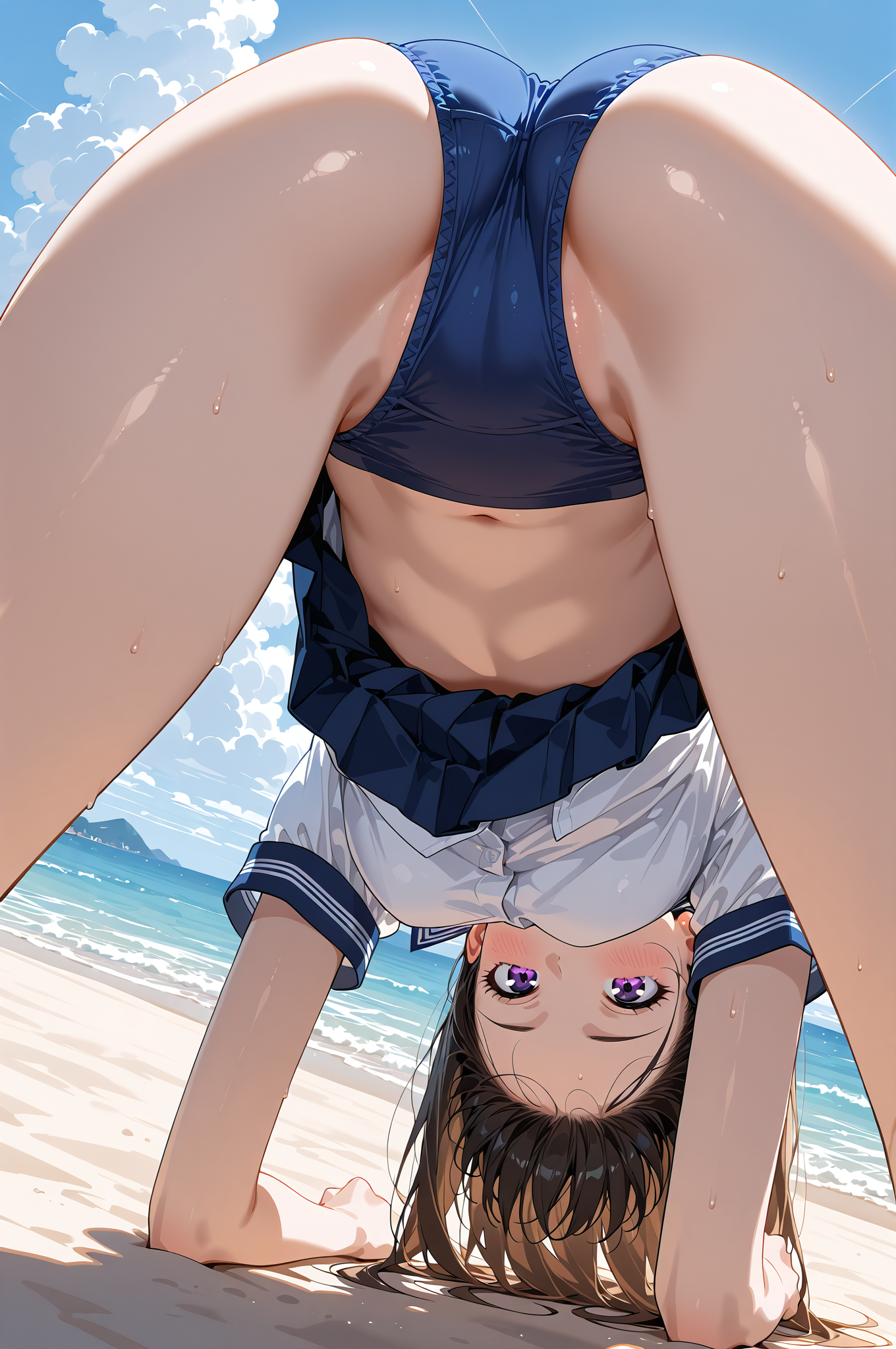海辺でのアクロバティックなポーズ #美少女 #屋外 #空