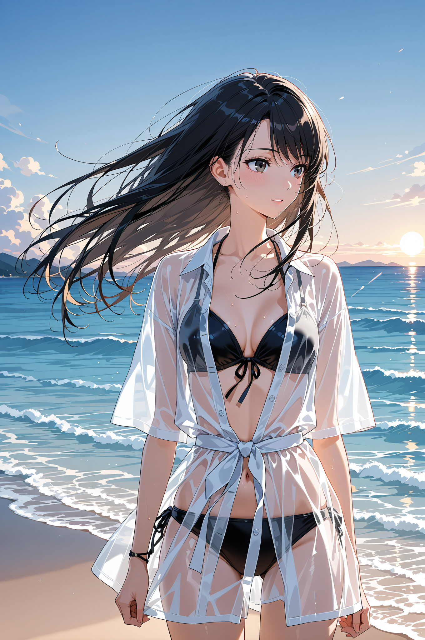 海辺の風になびく黒髪の少女 #美少女 #アニメ調 #屋外