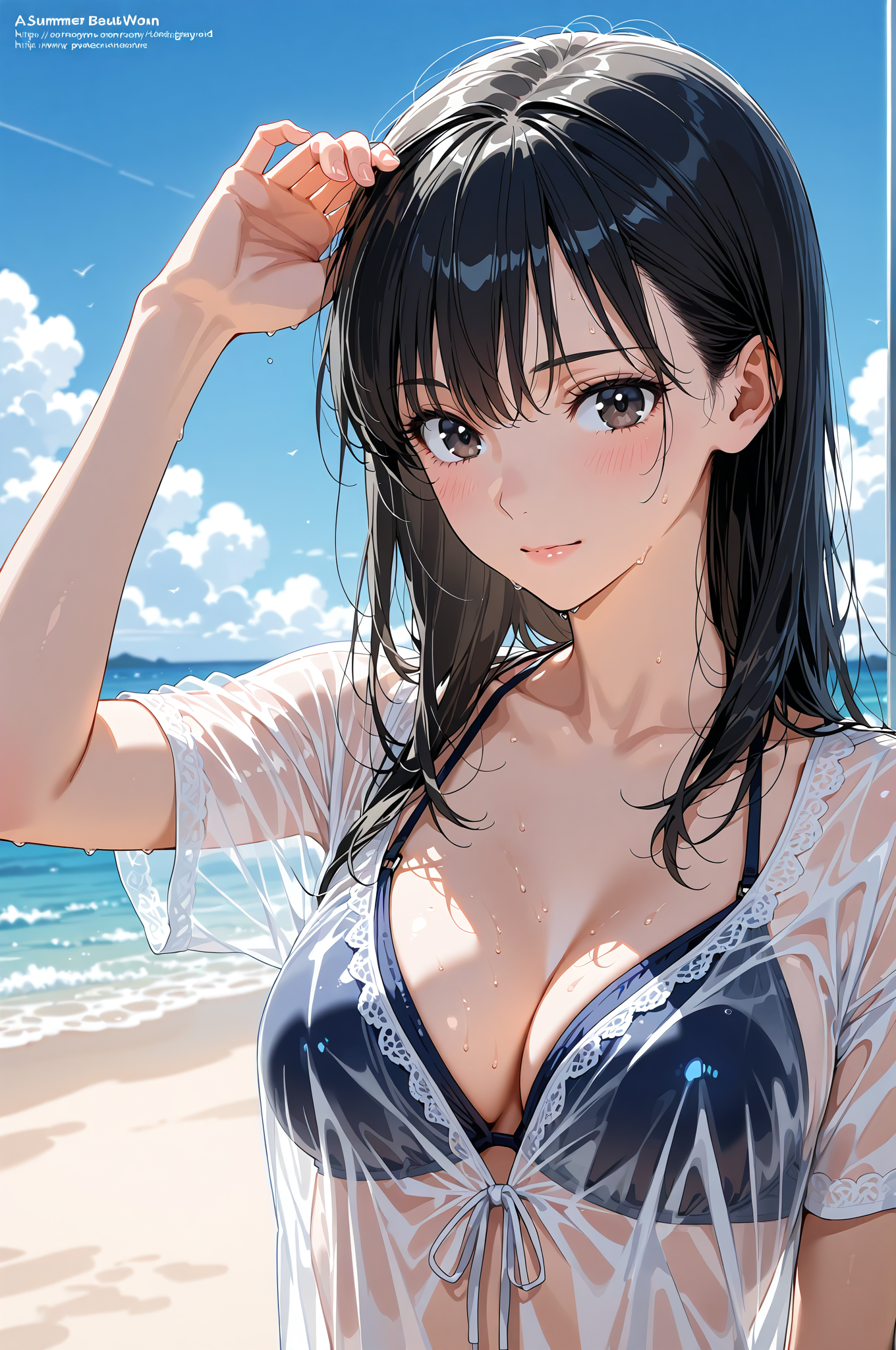 夏の海辺でのポートレート、黒髪の微笑み #アニメ #美少女 #空