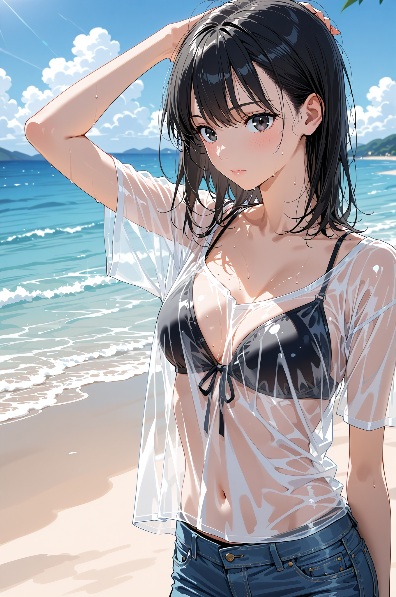海辺の午後、黒髪ポートレート #美少女 #アニメ調 #海
