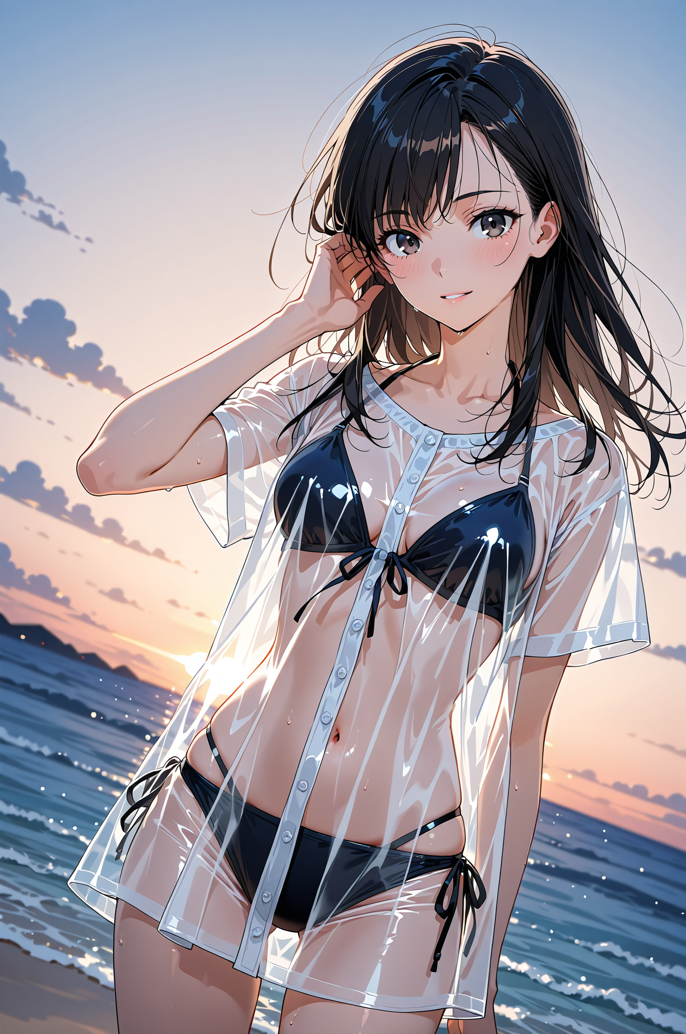 夕焼けビーチの清楚な笑顔ポートレート #美少女 #アニメ調 #屋外