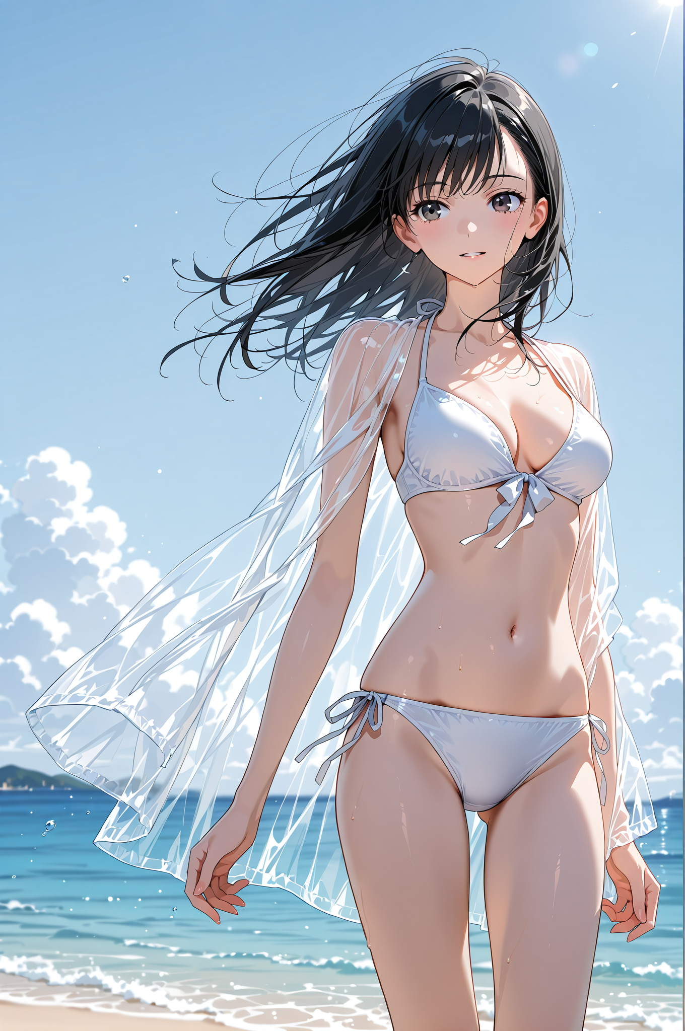 青い海と空に映える、流れる黒髪のポートレート #美少女 #水着 #屋外