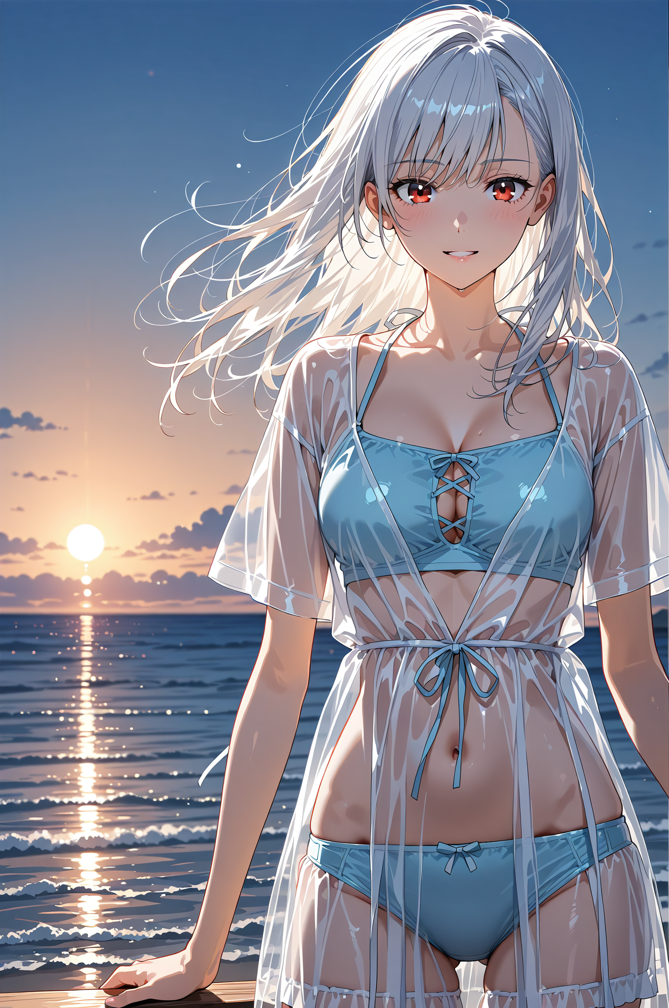 夕焼けビーチの白髪少女 #アニメ #美少女 #空